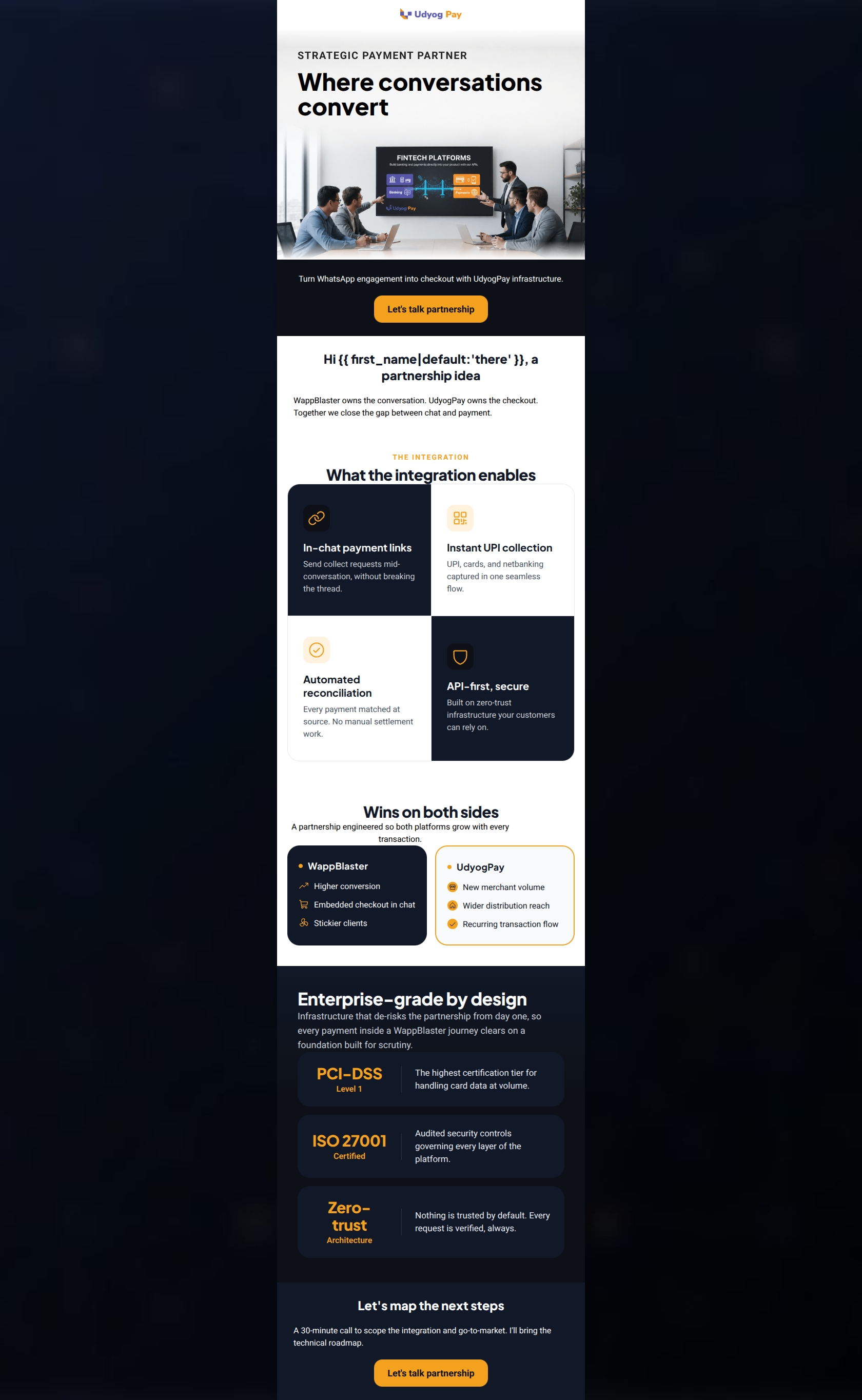 Professional B2B layout with a hero image 'Where conversations convert' and a feature grid for in-chat payments.