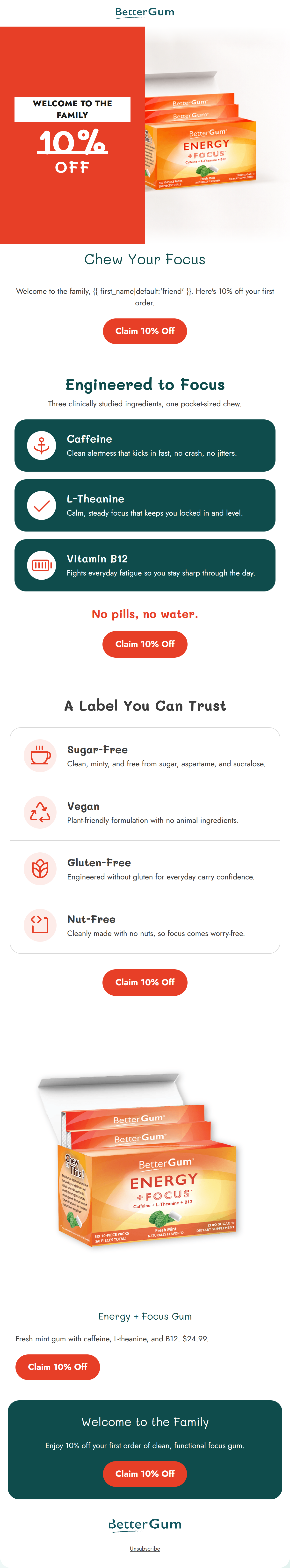 Email design: Welcome to the family. Here's 10% off.