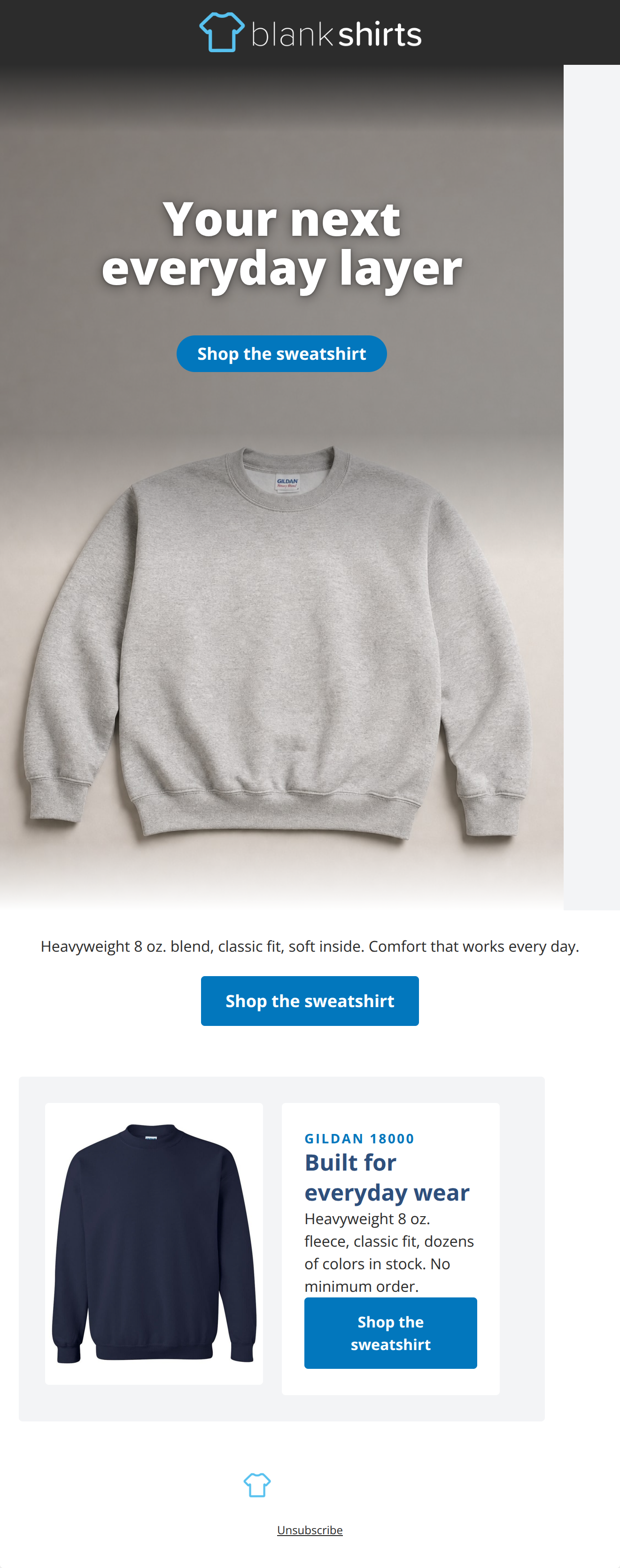 Portrait hero image of a sweatshirt and a detailed product feature card for the Gildan 18000.