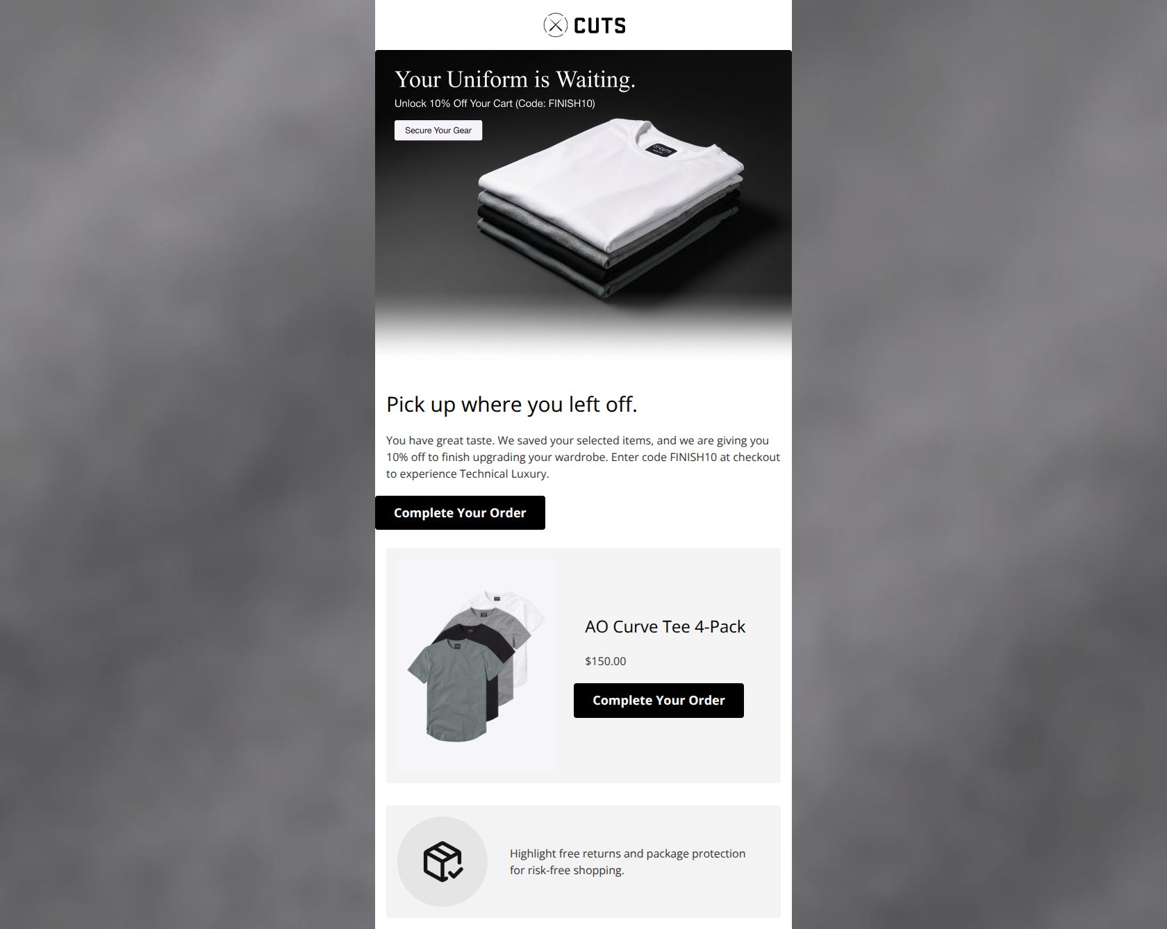 Email design: Left something behind? Take 10% off your order.