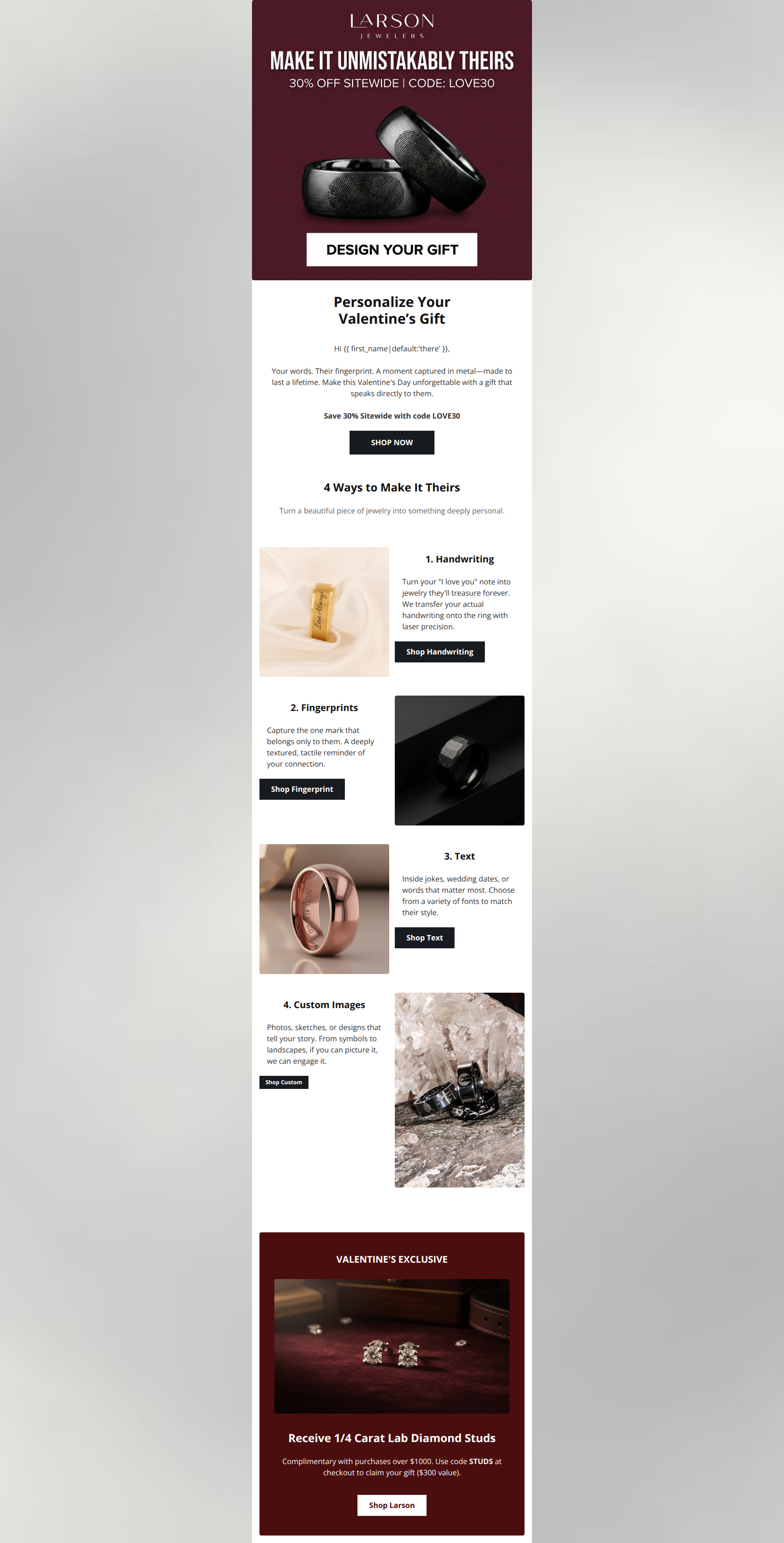 Email design: Personalize Your Valentine's Gift - 30% Off