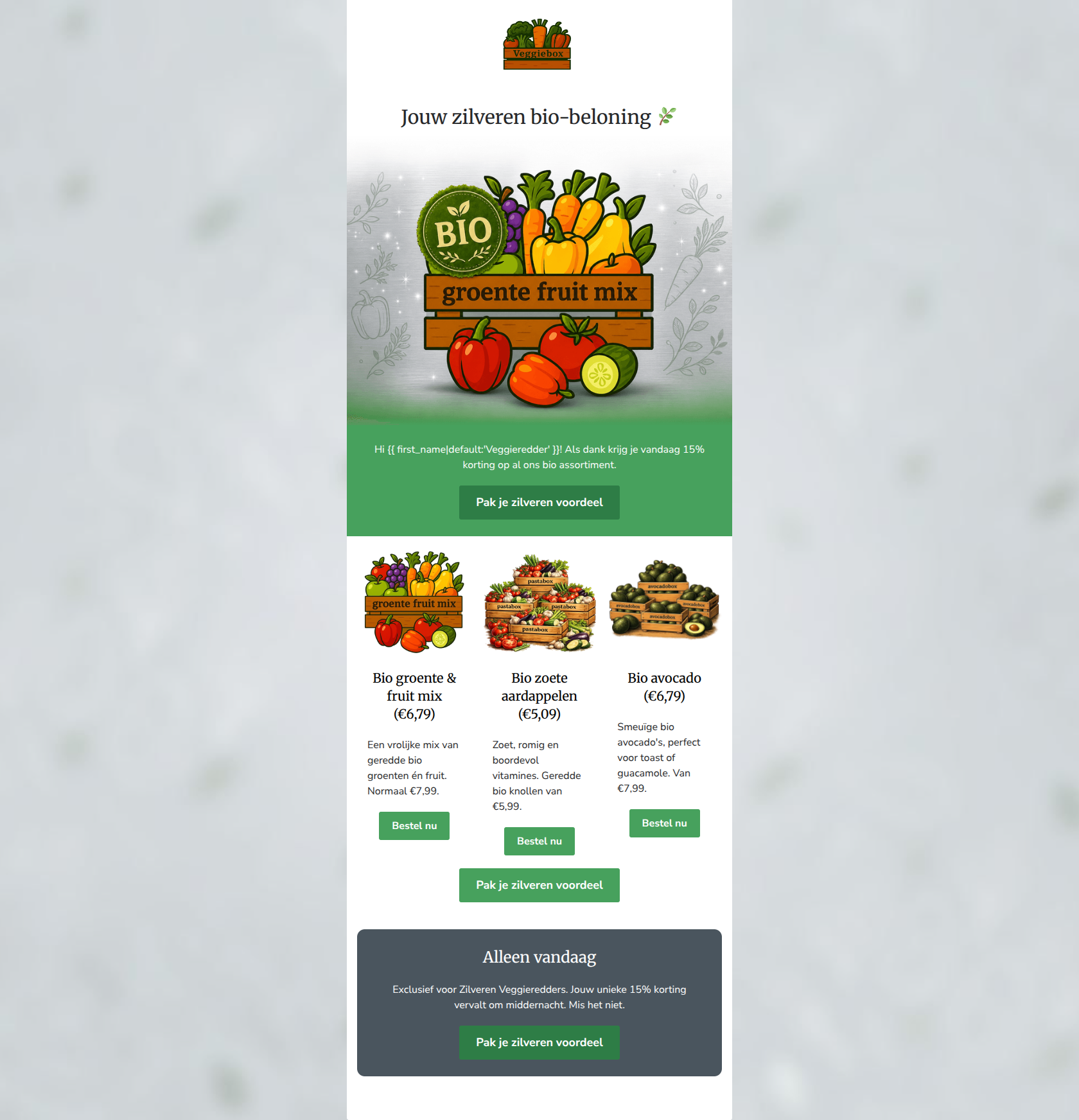 Email design: Zilveren Veggieredder: vandaag 15% op bio 🥑 (Clone)