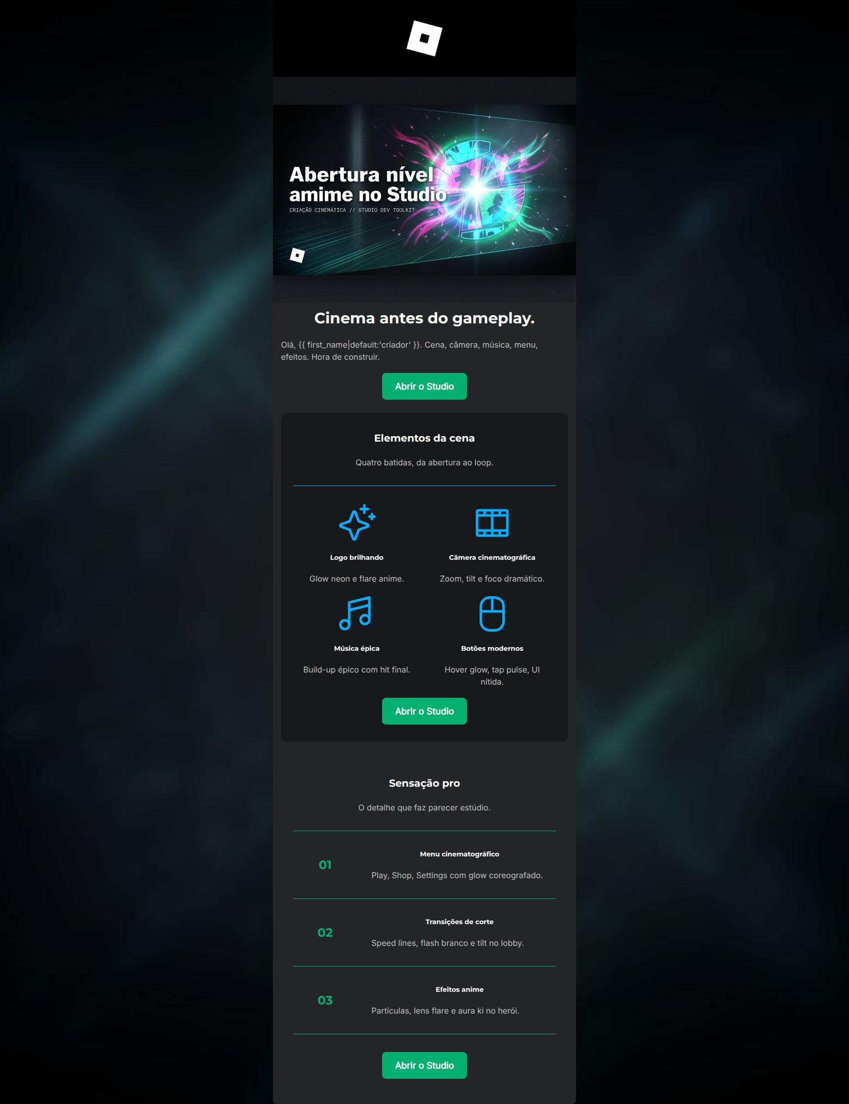 Email design: Tela de abertura épica para simulador anime