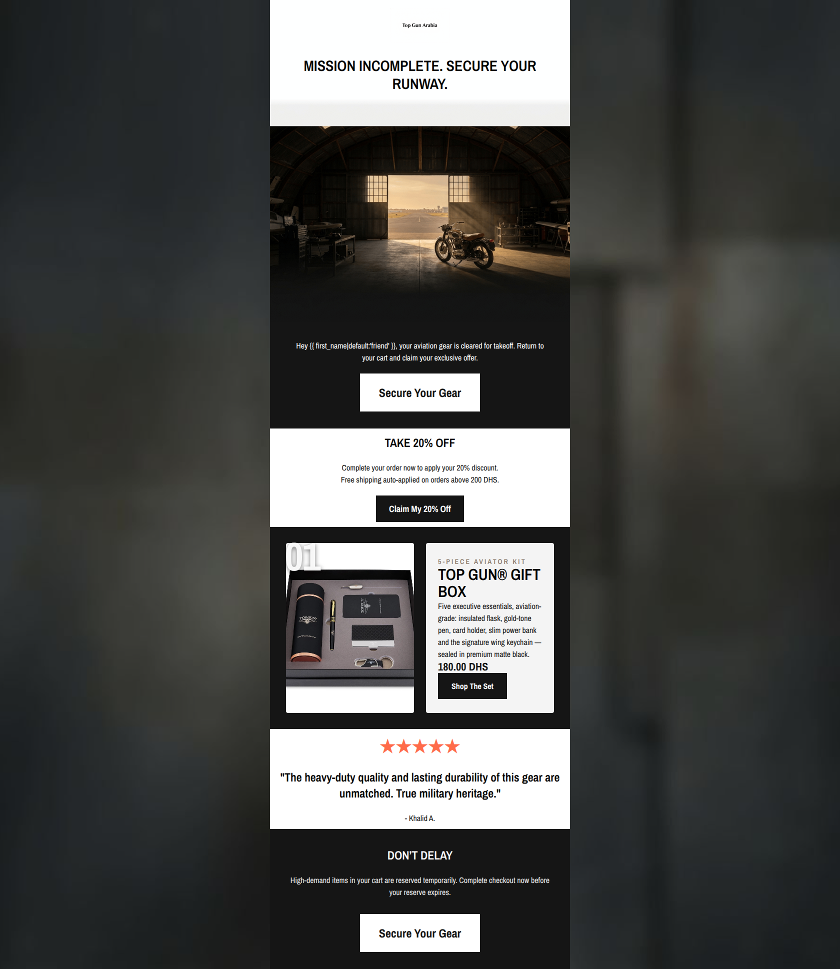 Email design: Your cart is cleared for takeoff (20% off inside)