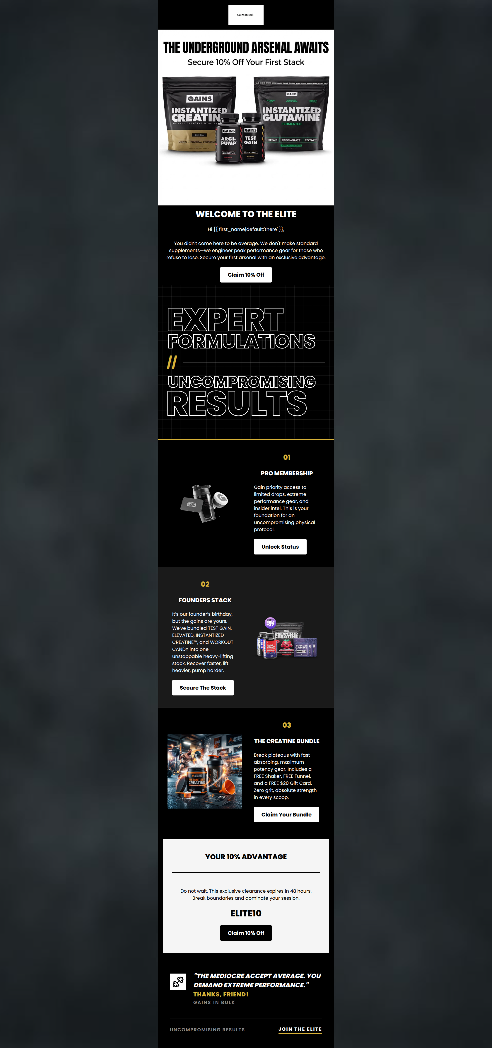 Email design: Welcome to the Elite. Claim Your 10% Advantage.