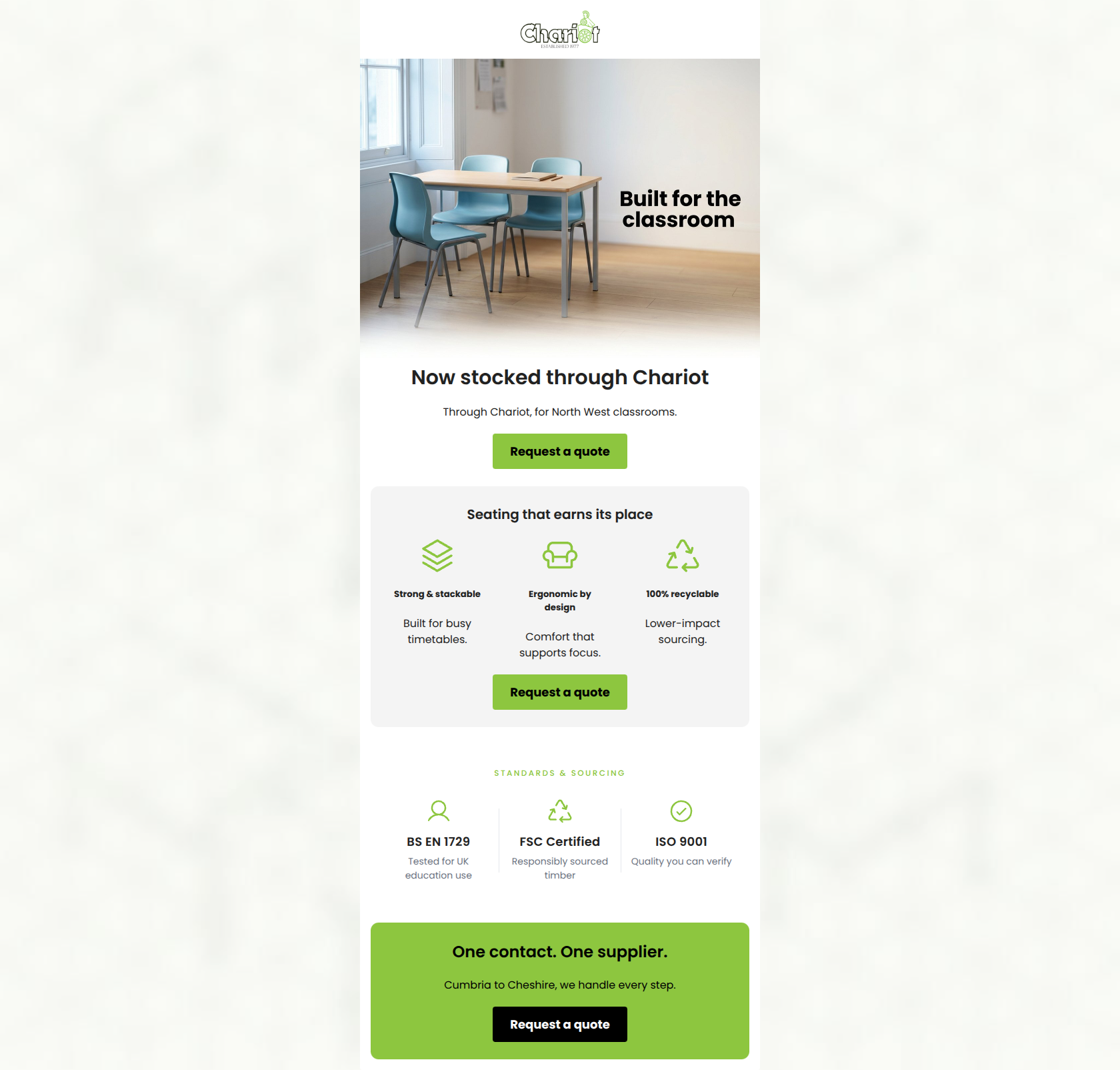 Email design: Titan Furniture School Seating — Available Through