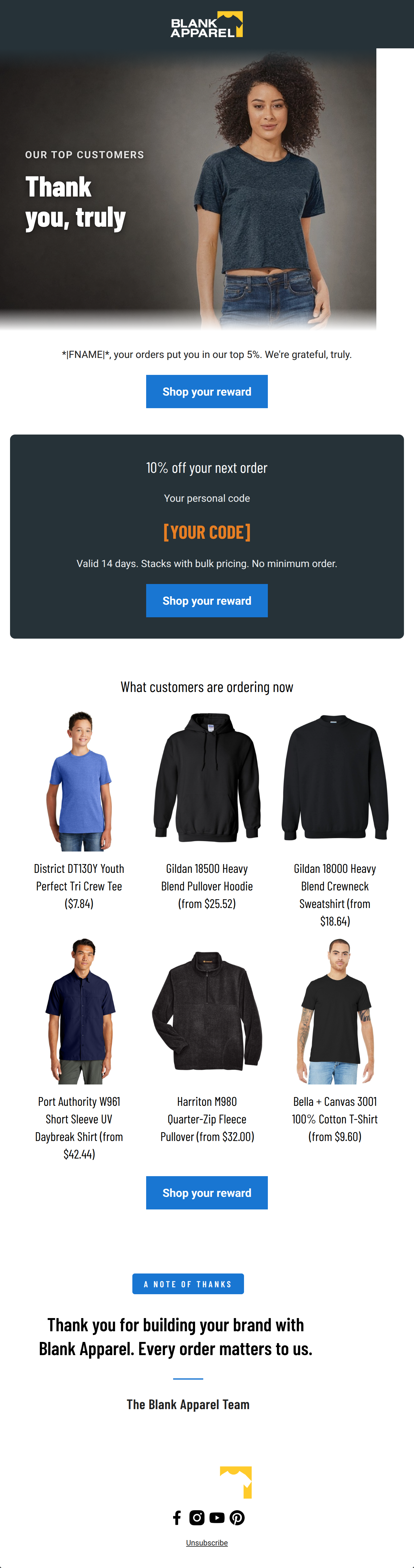Email design: A thank you, and 10% off your next order