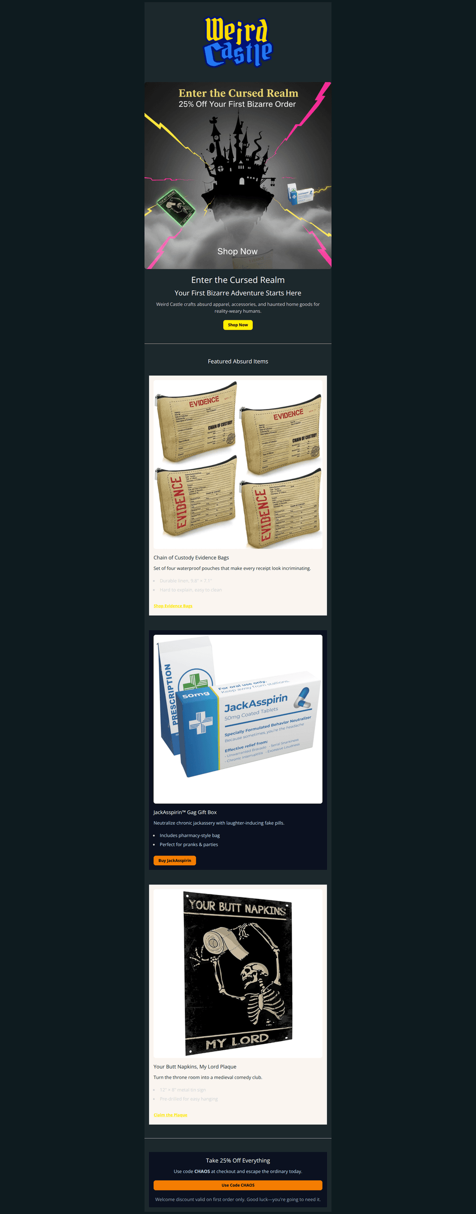 Email design: Welcome to Weird Castle Chaos! π°