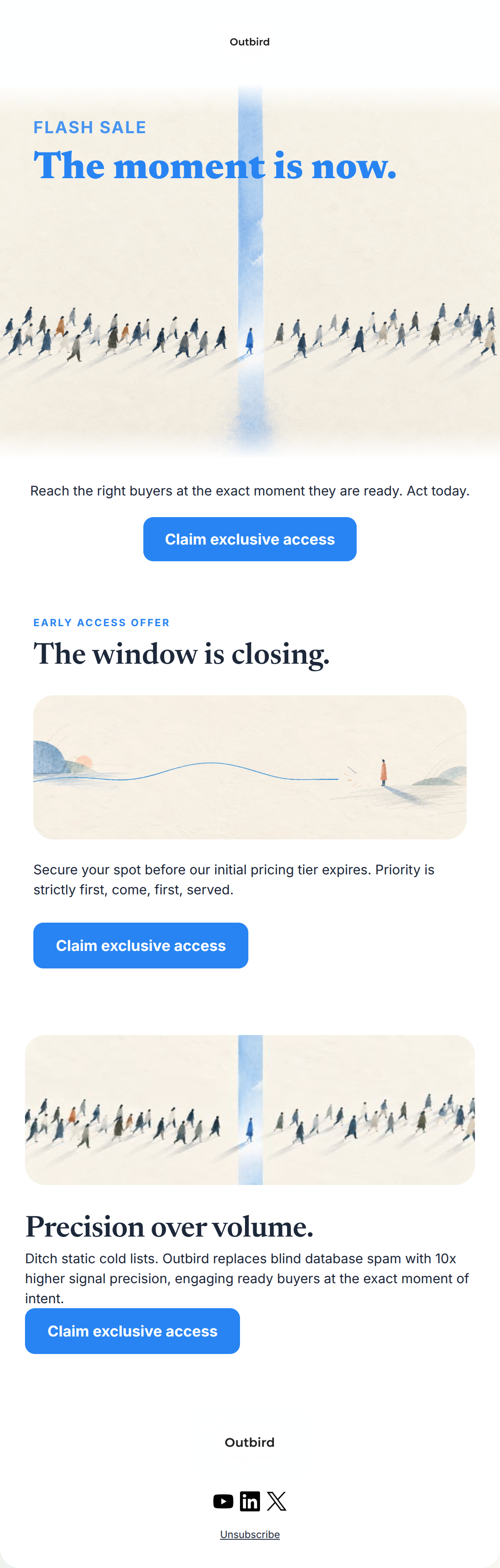 Minimalist editorial layout featuring a blue Flash Sale hero image, B2B illustrations, and bold typography.