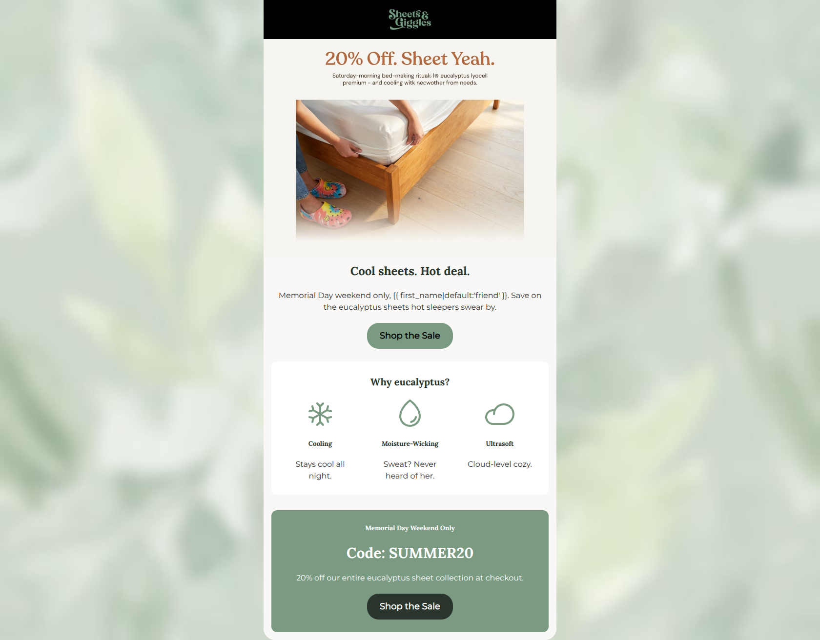 Email design: Memorial Day Sale: 20% off eucalyptus sheets