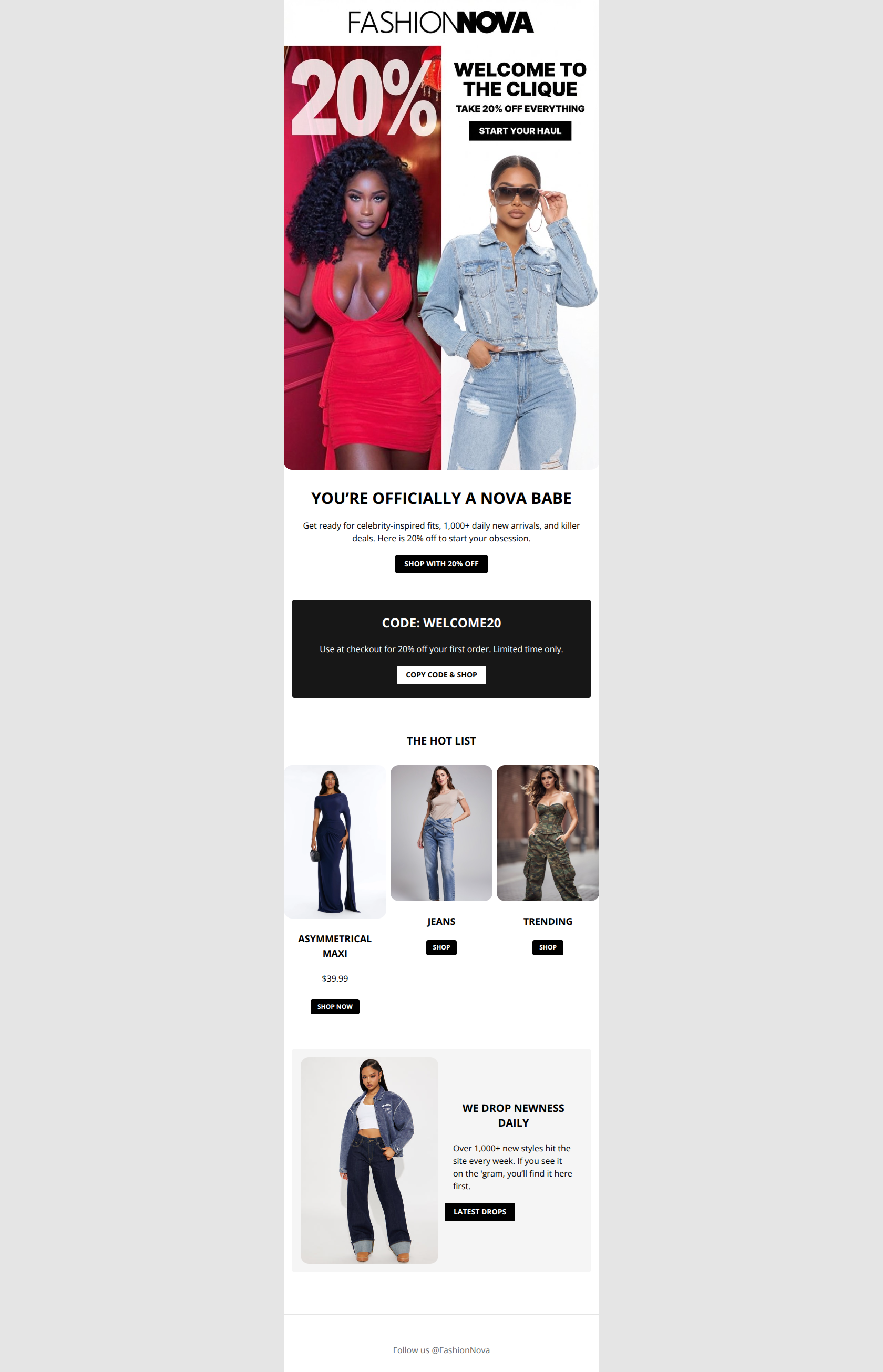 Email design: WELCOME BABE! Take 20% Off Everything ๐