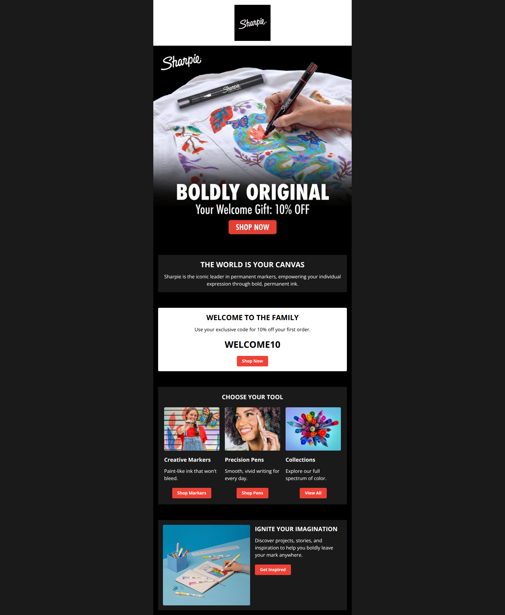 Email design: Welcome to Sharpie + Your 10% Off inside