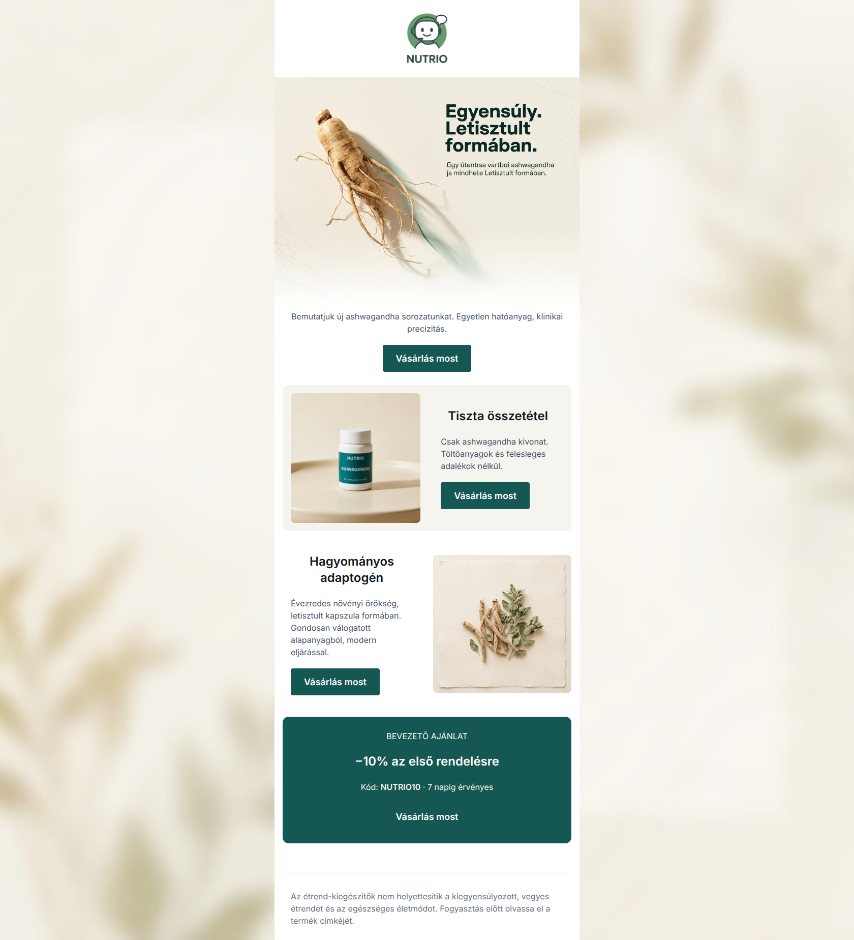 Email design: Megérkezett: NUTRIO ashwagandha — most −10%