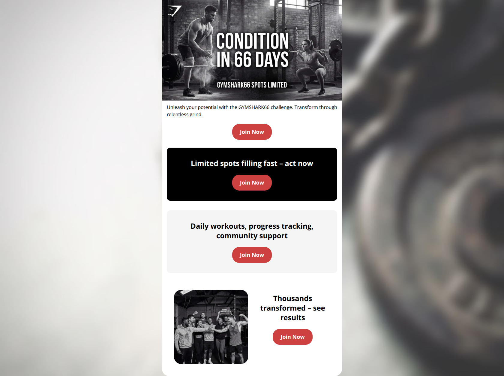 Email design: GYMSHARK66: Forge Your Grind