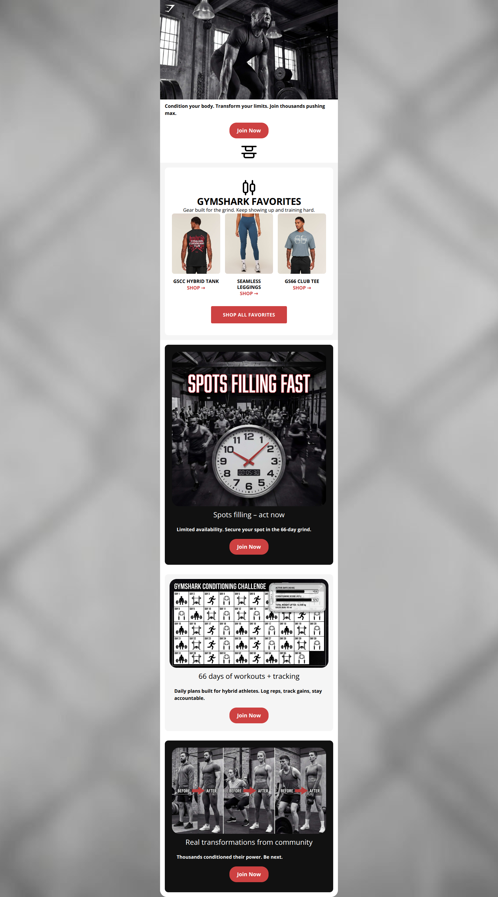 Email design: GYMSHARK66: Spots Limited