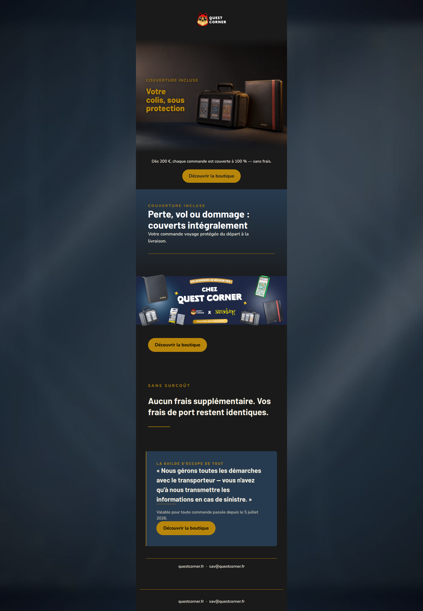 Premium dark design with gold typography announcing 100% shipping insurance for orders over 200€.