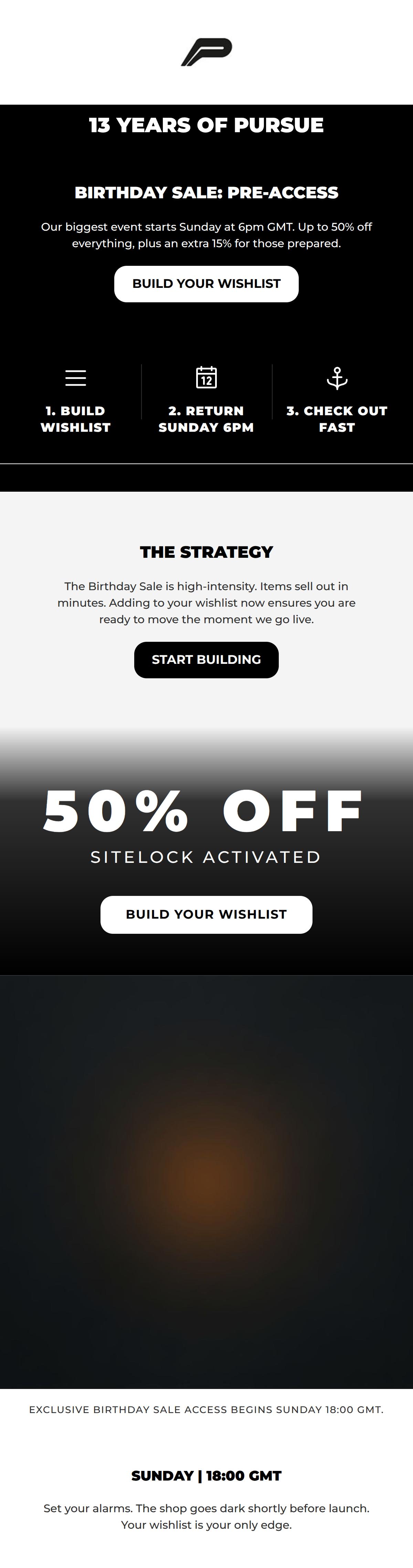A monochromatic email announcing 13 Years of Pursue Fitness with a three-step guide to their Birthday Sale.