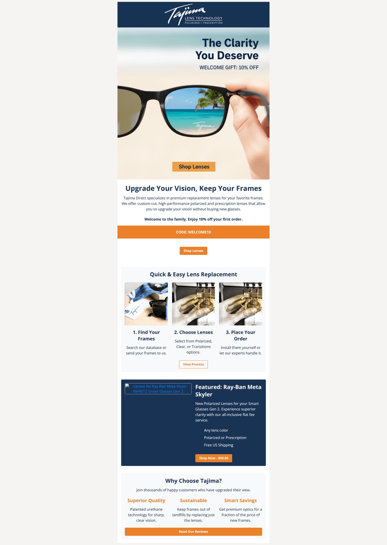 Email design: Welcome! 10% Off Your Lens Upgrade