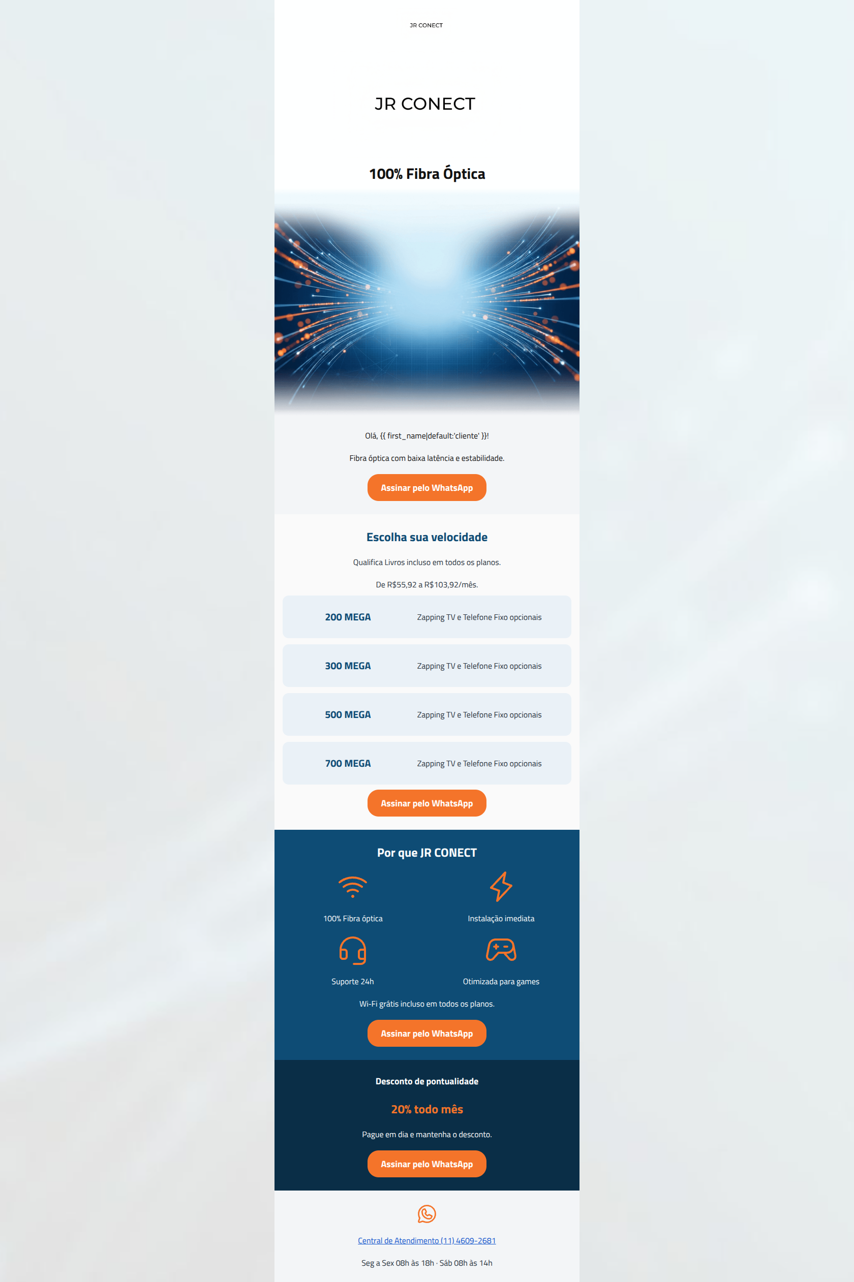 Email design: Fibra óptica com desconto de pontualidade de 20%