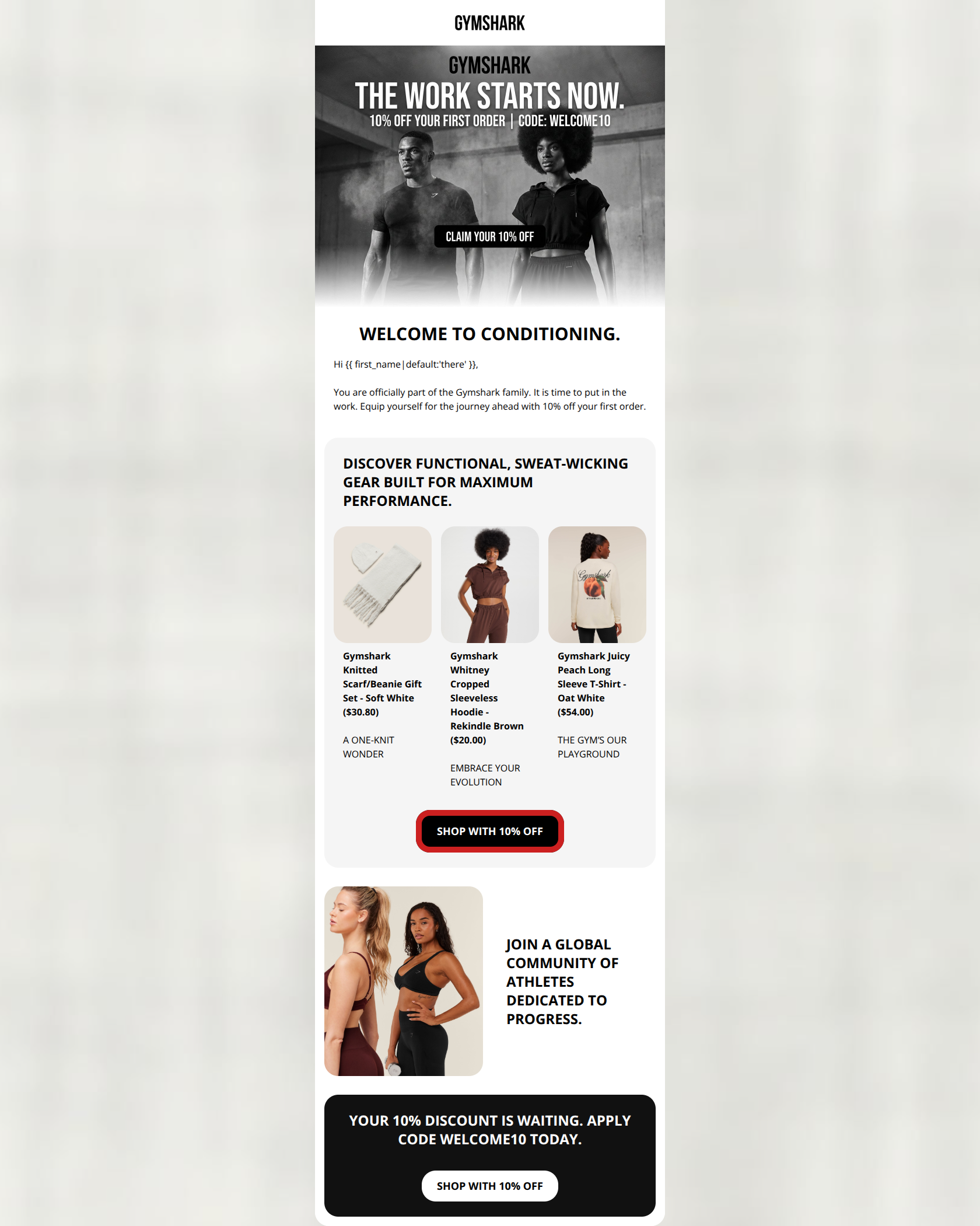 Email design: Welcome to the family. Here is 10% off.