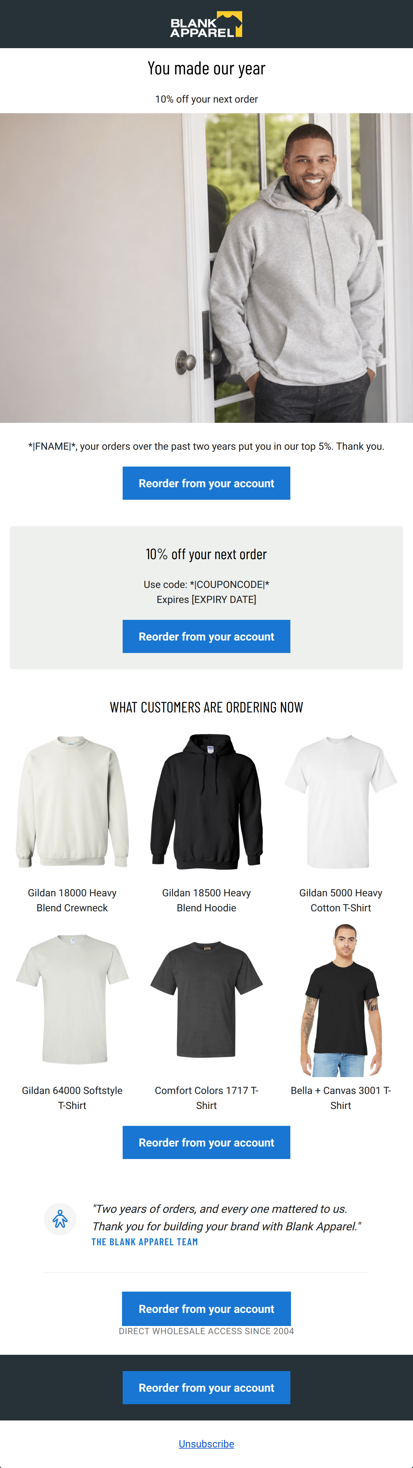 Email design: Oct 2026 · Top 5% thank-you · 10% off next order