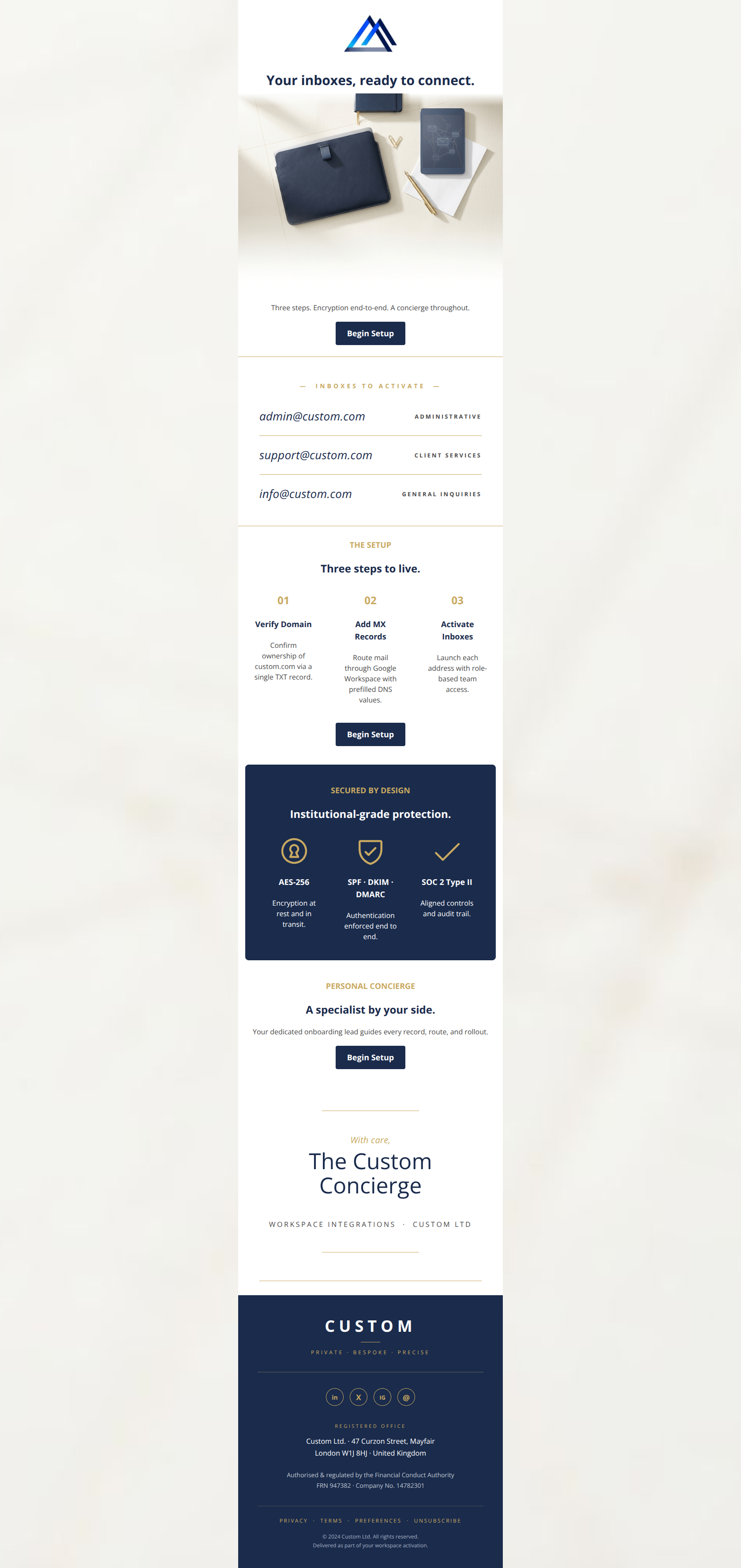 Email design: Welcome to Custom โ activate your business inboxes