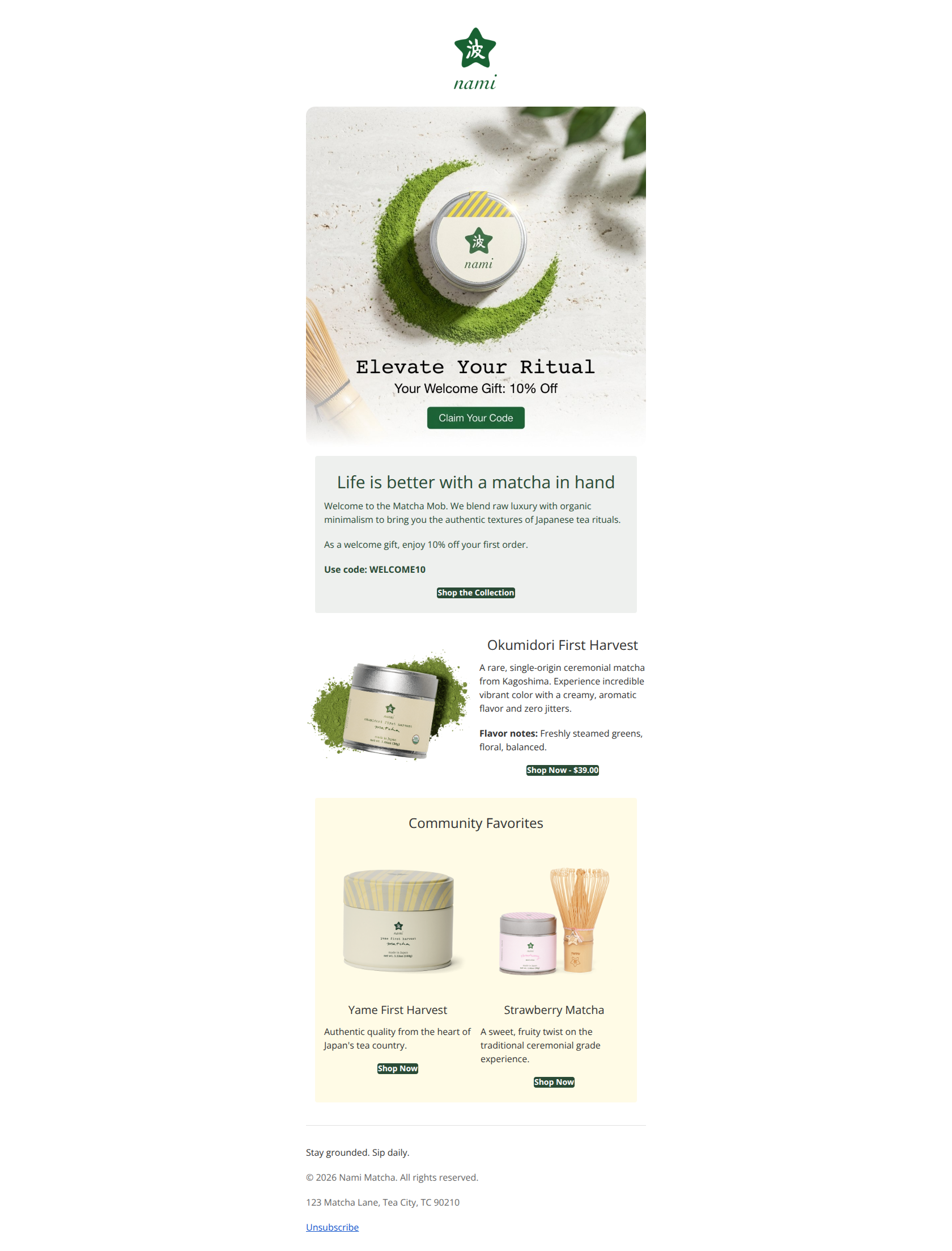 Email design: Welcome to Matcha Mob! Your 10% Off Code