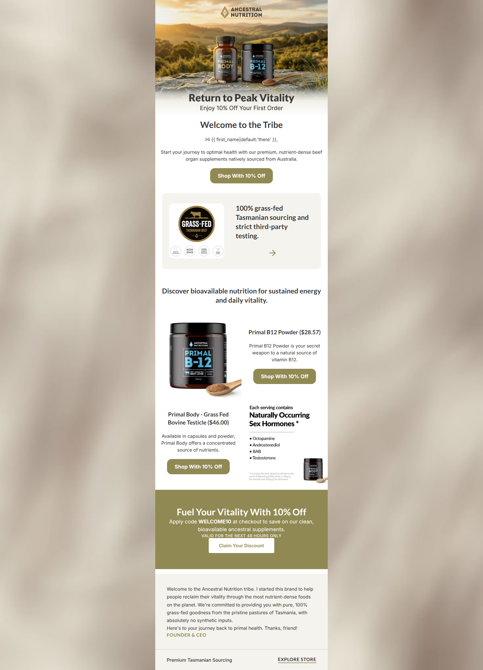 Email design: Welcome to Ancestral Nutrition (Plus 10% Off!)