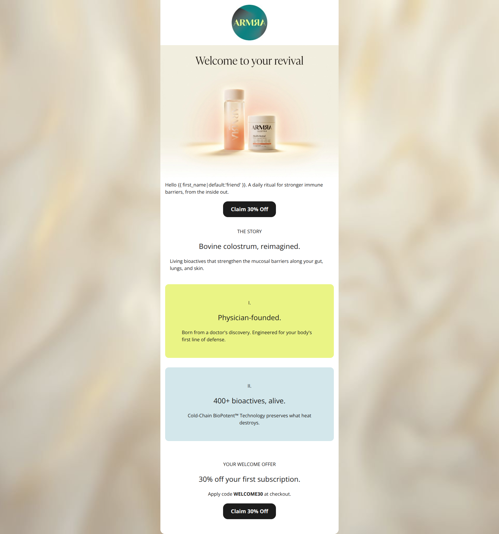 Email design: Welcome. Here's 30% off inside.