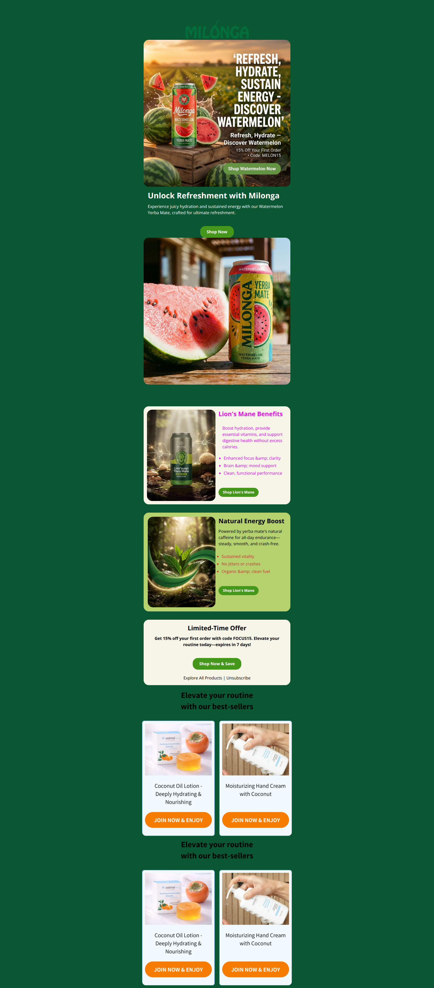 Email design: Focus, Clarity, and Energy: Discover Milonga Yerba