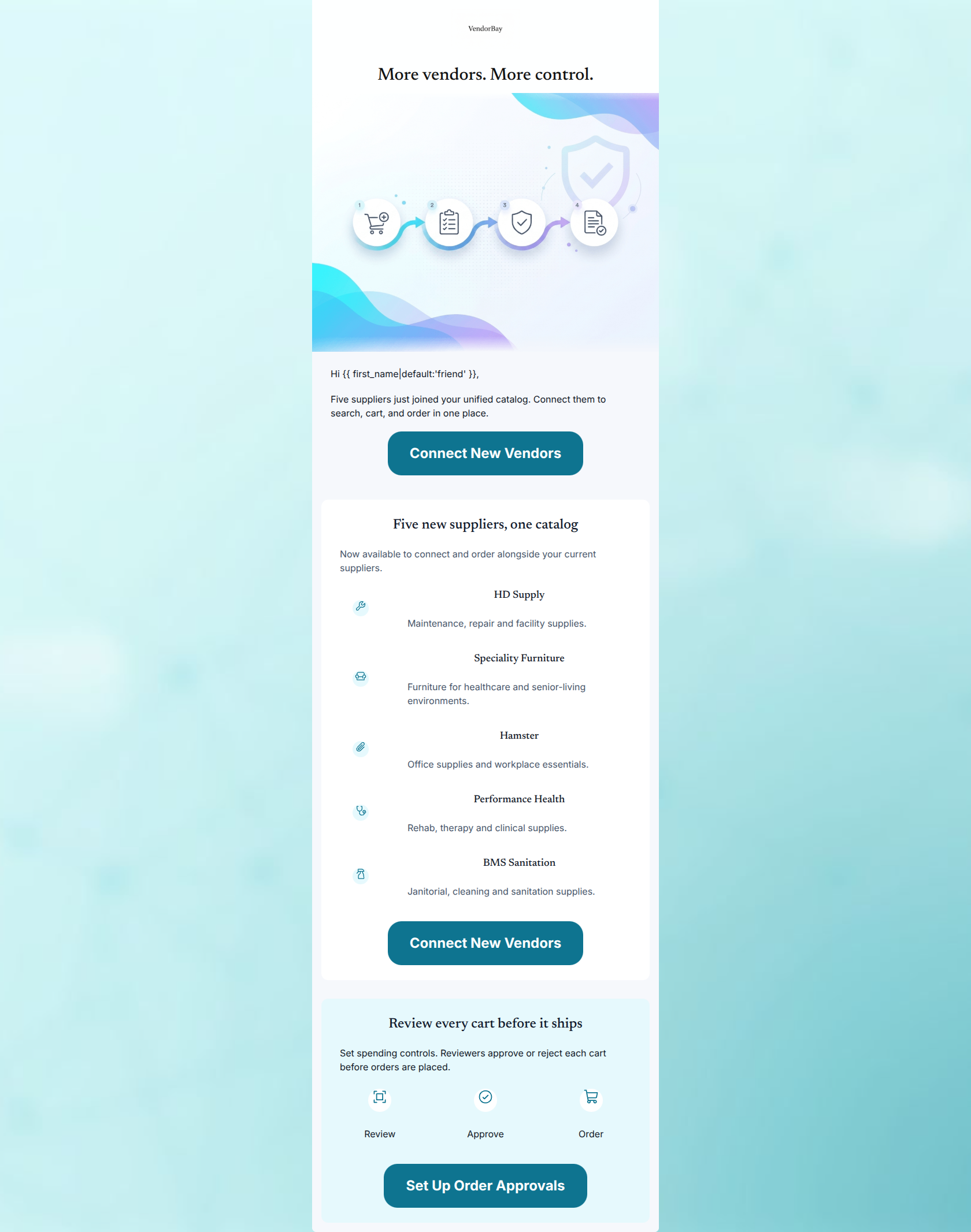 Email design: New in VendorBay: 5 vendors + Order Approvals