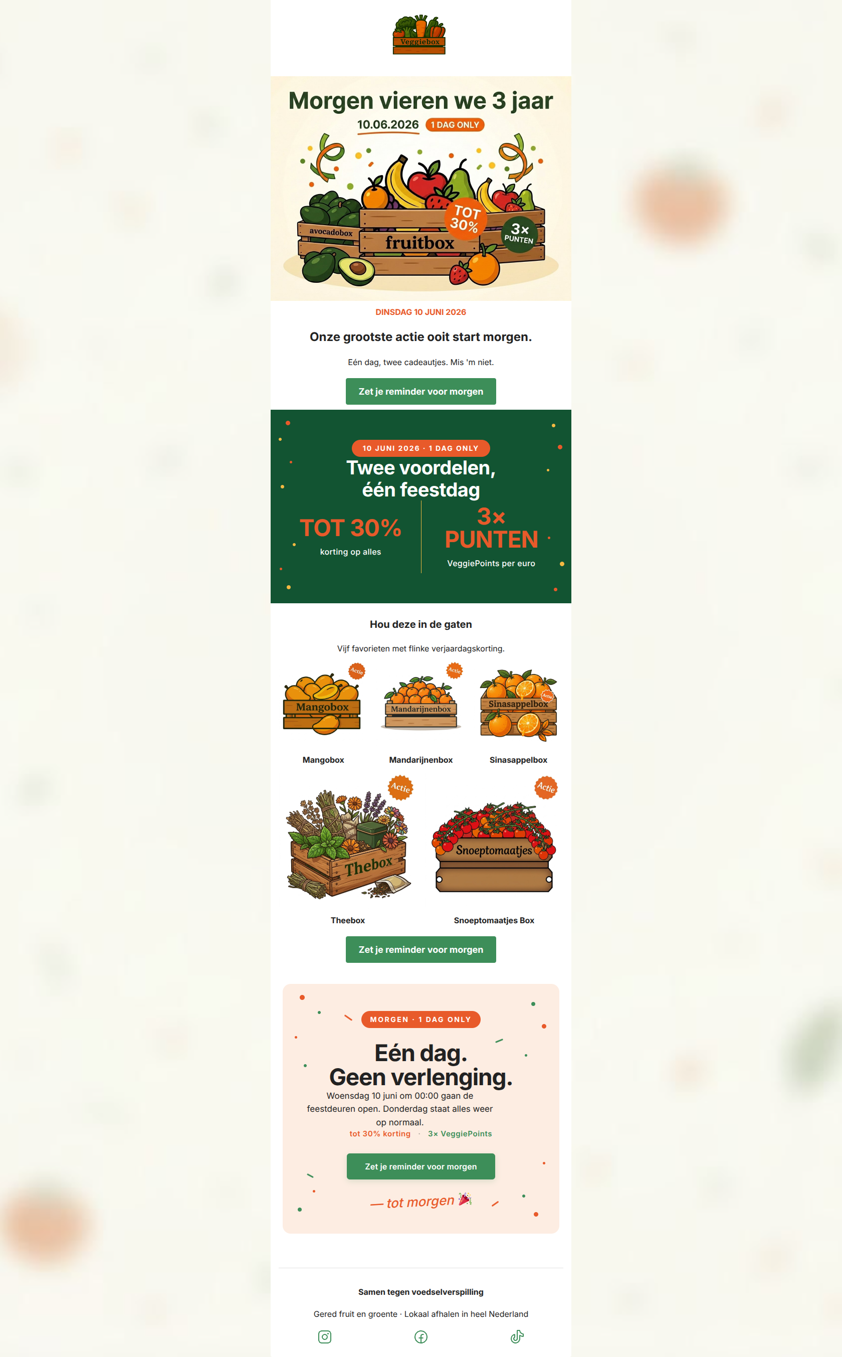 Email design: Morgen 3 jaar Veggiebox ๐ tot 30% korting
