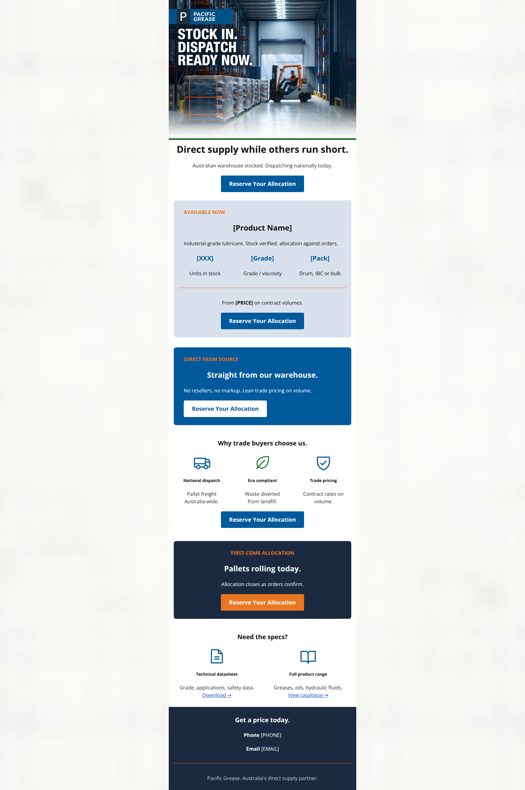 Email design: Grease shortage? Our stock is ready.