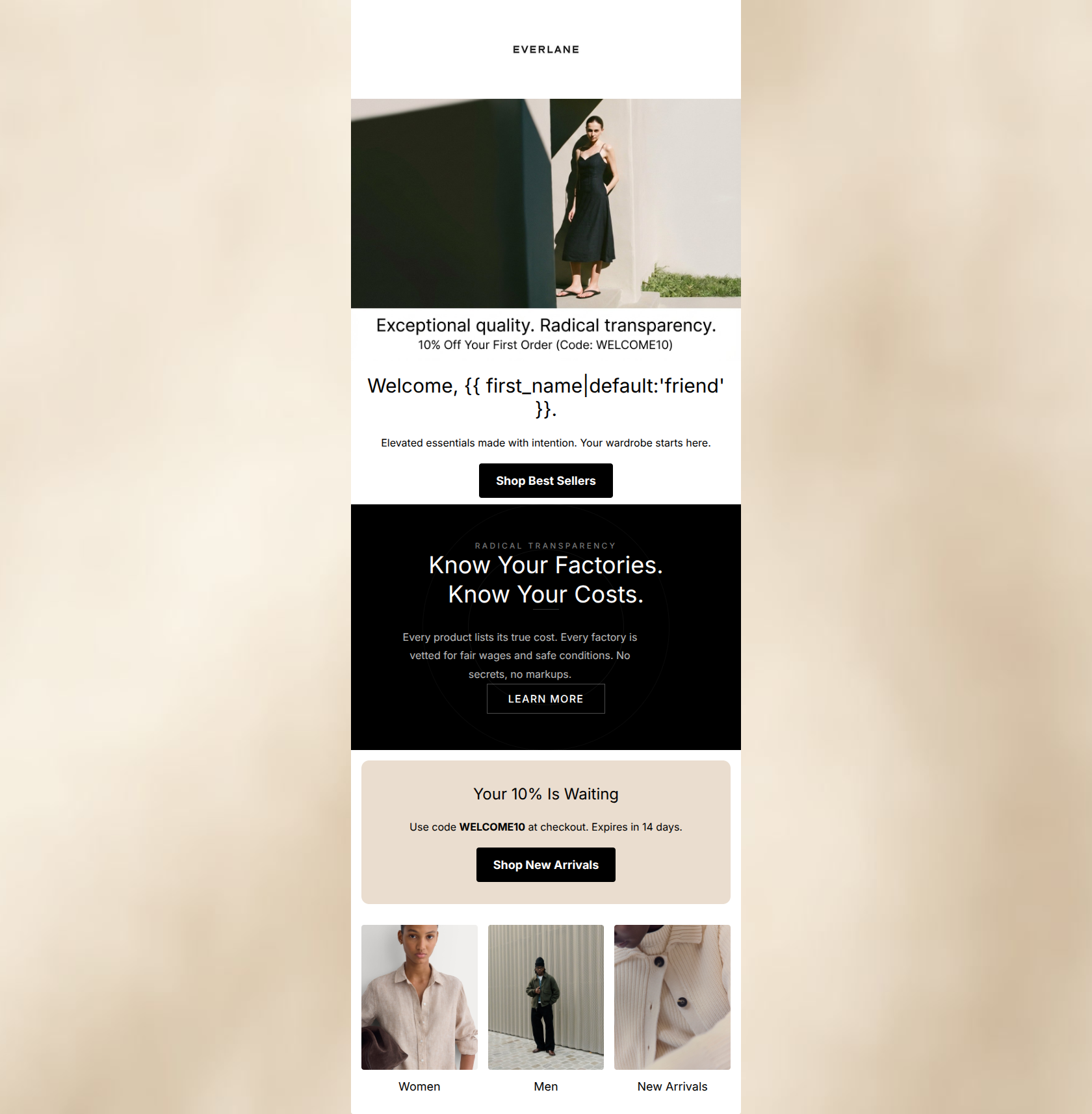 Email design: Welcome to Everlane. Enjoy 10% off.