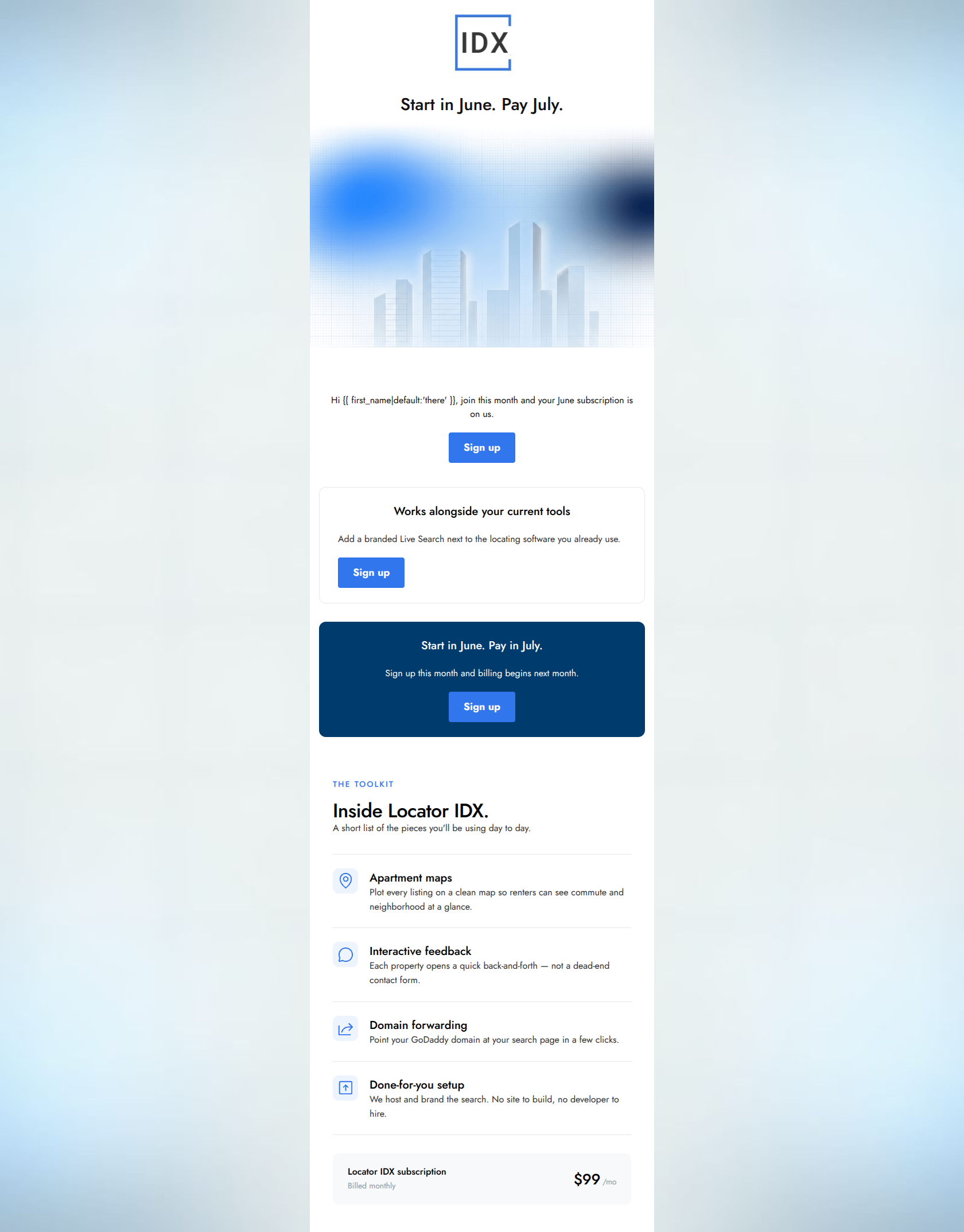 Email design: Start in June, pay in July