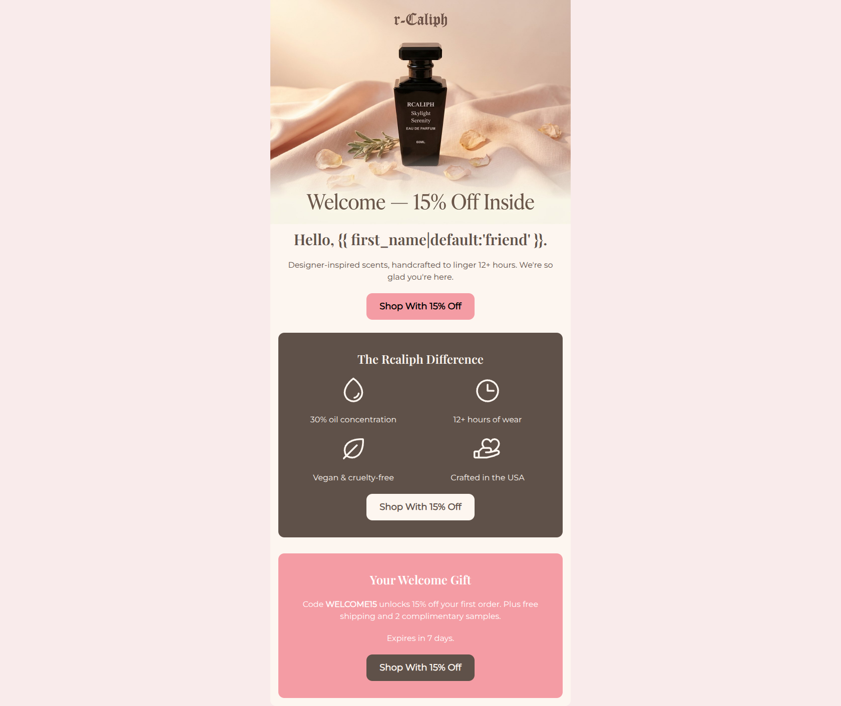 Email design: Welcome to Rcaliph — your 15% off is inside