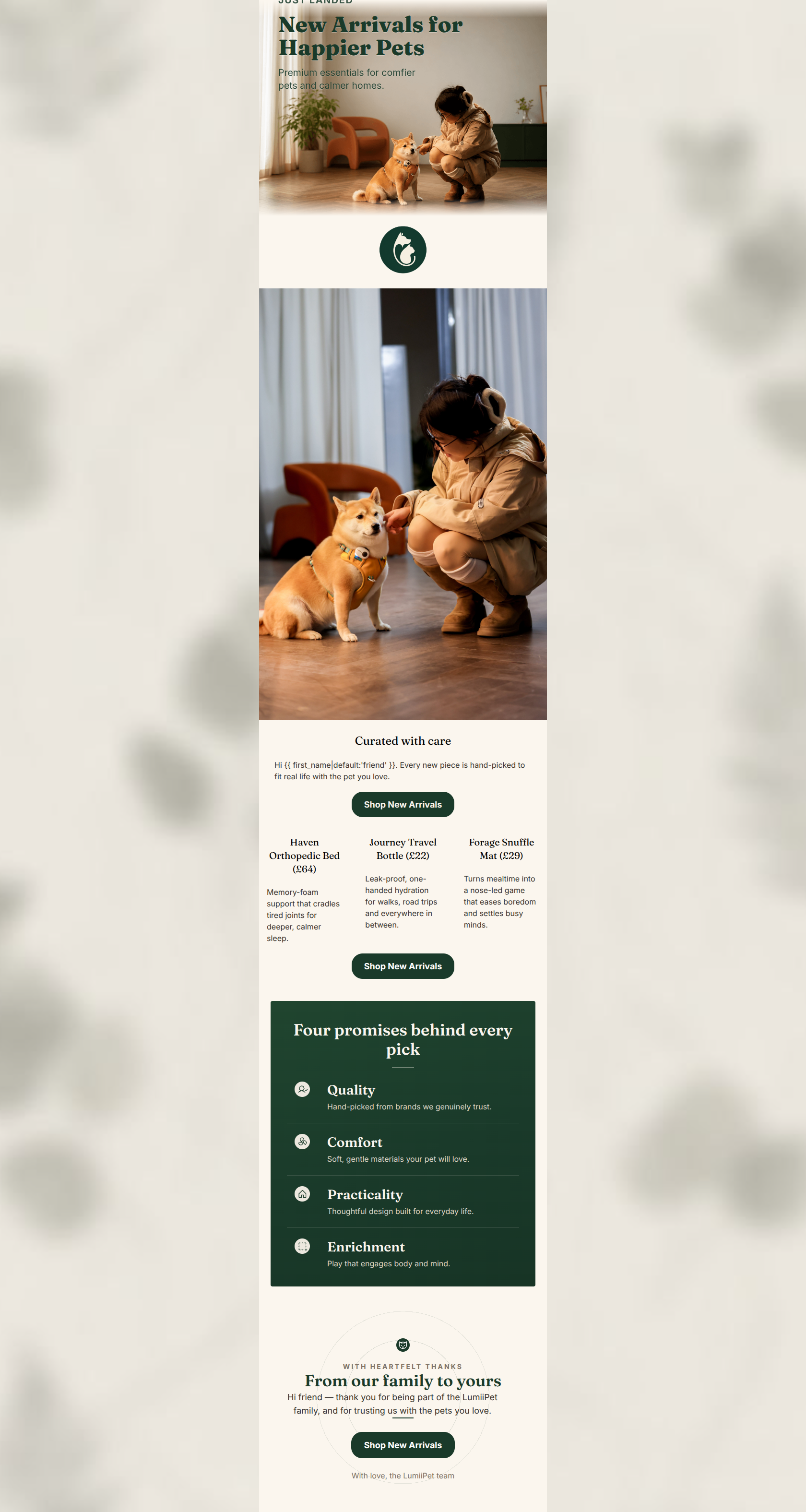 Email design: Just landed: new arrivals for happier pets