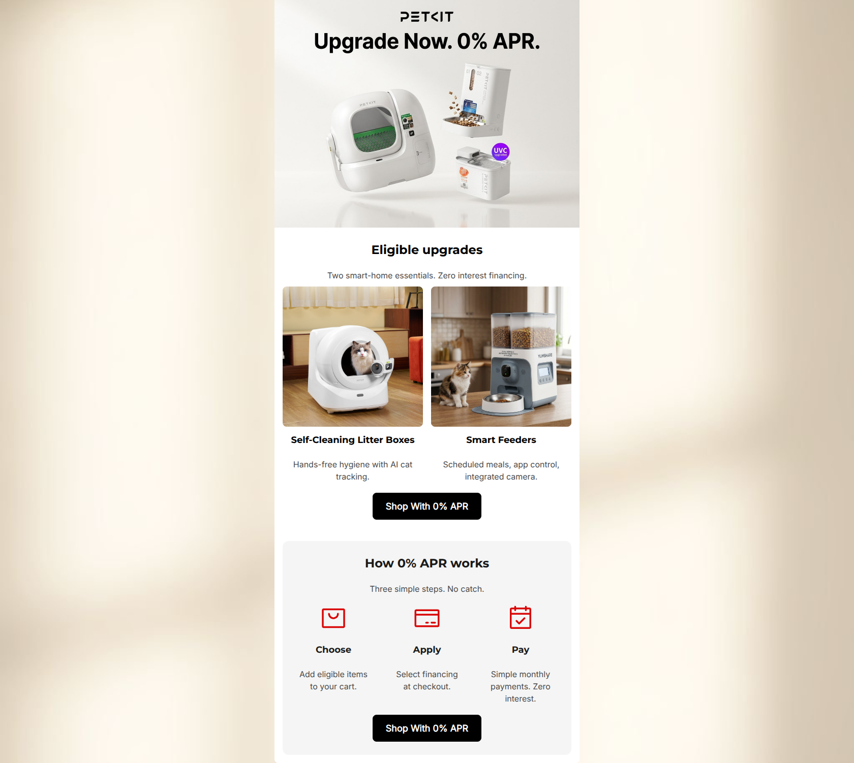 Email design: 0% APR on smart pet care upgrades