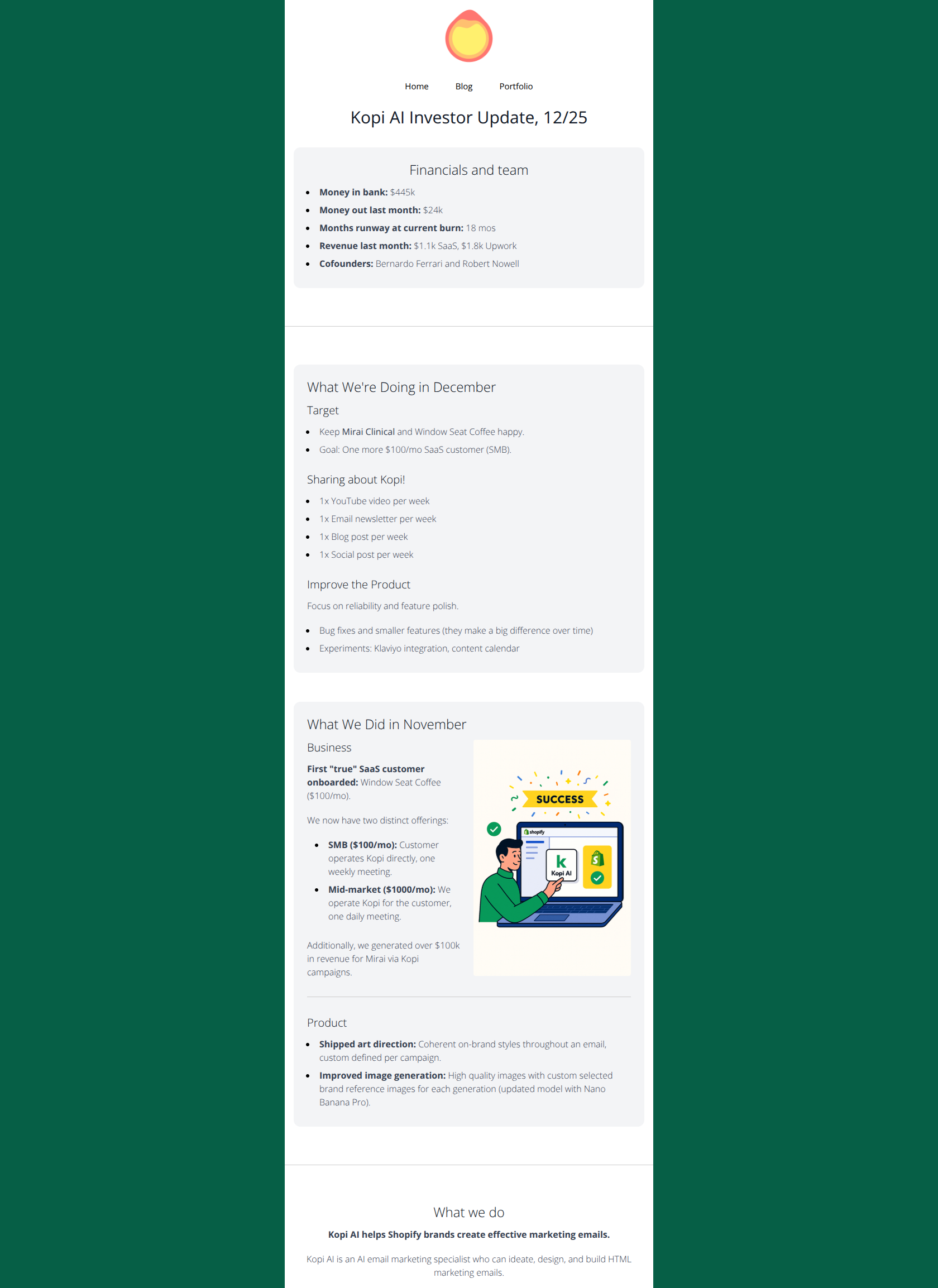 Email design: First SaaS Customer Signed + $100k Gen ๐