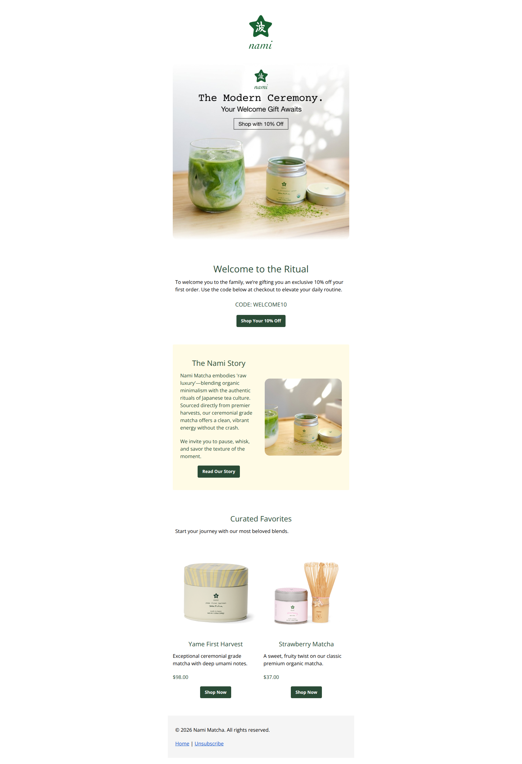 Email design: Welcome to Nami Matcha + Your Gift!