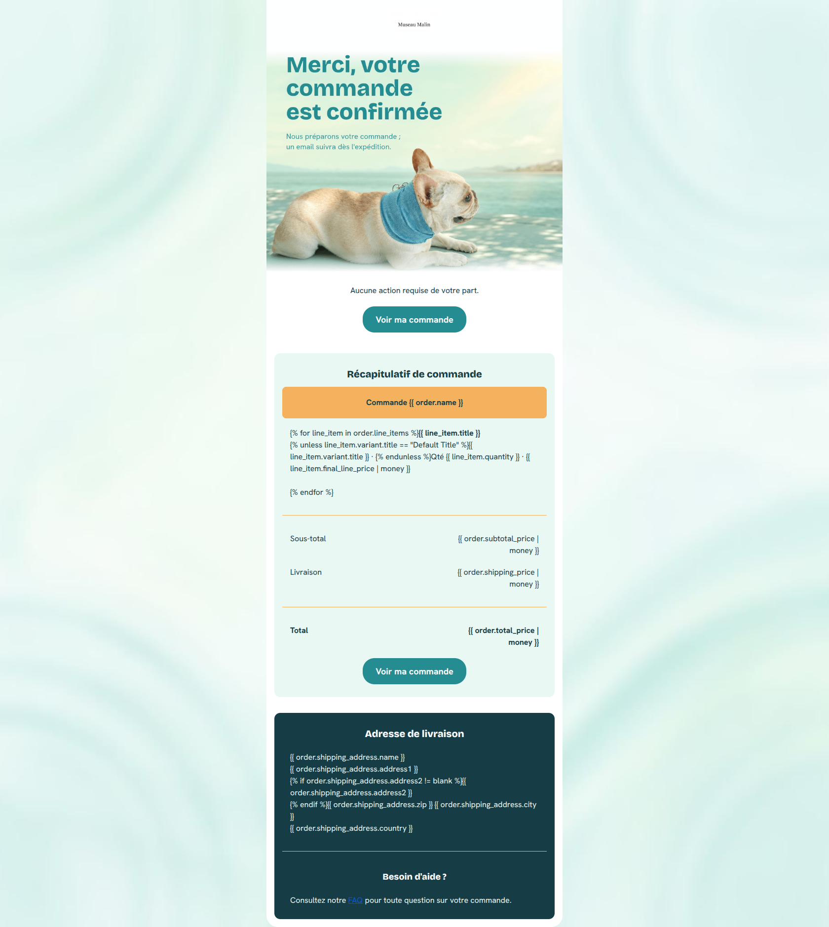 Email design: Votre commande Museau Malin est confirmée