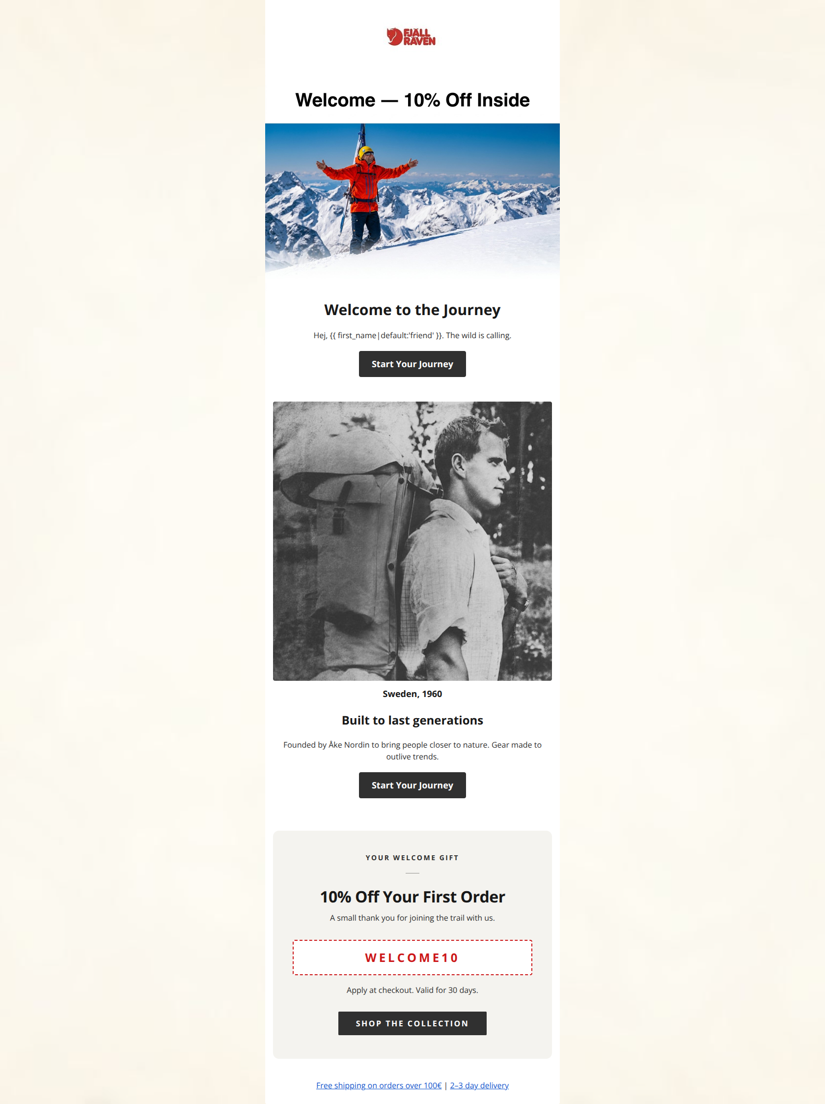 Email design: Welcome to Fjällräven — your journey begins here