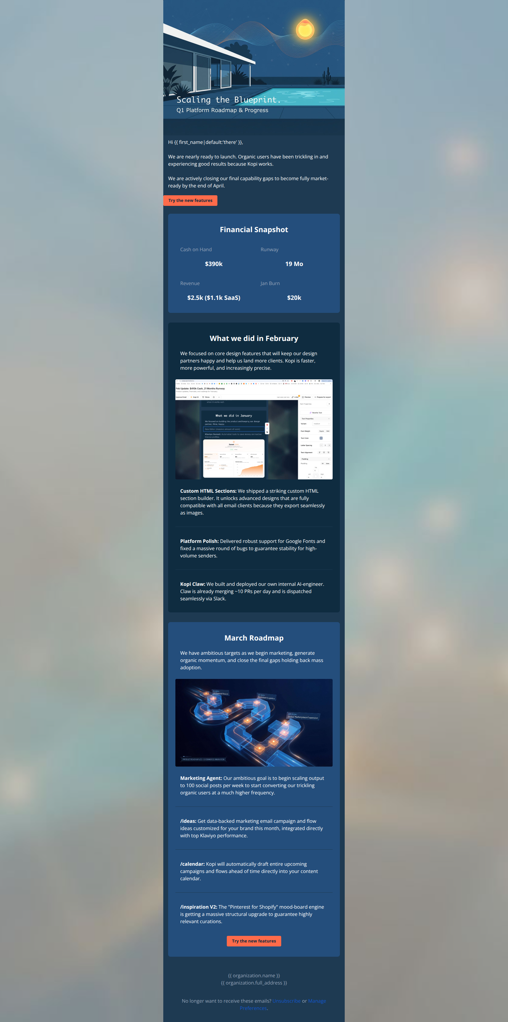 Email design: March Update: $390k Cash, 19 Months Runway