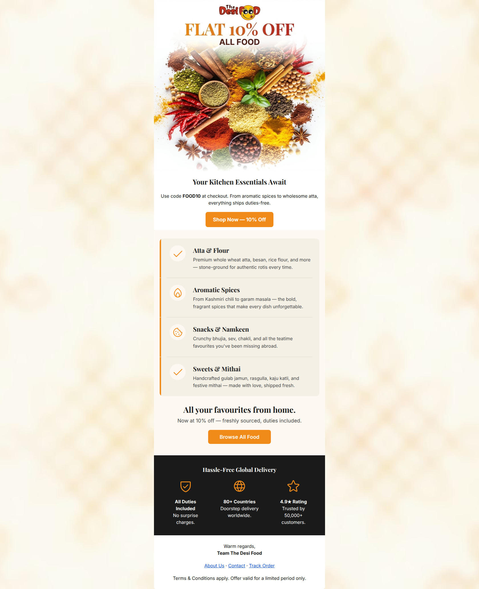 Email design: Flat 10% Off All Indian Food 🌶️