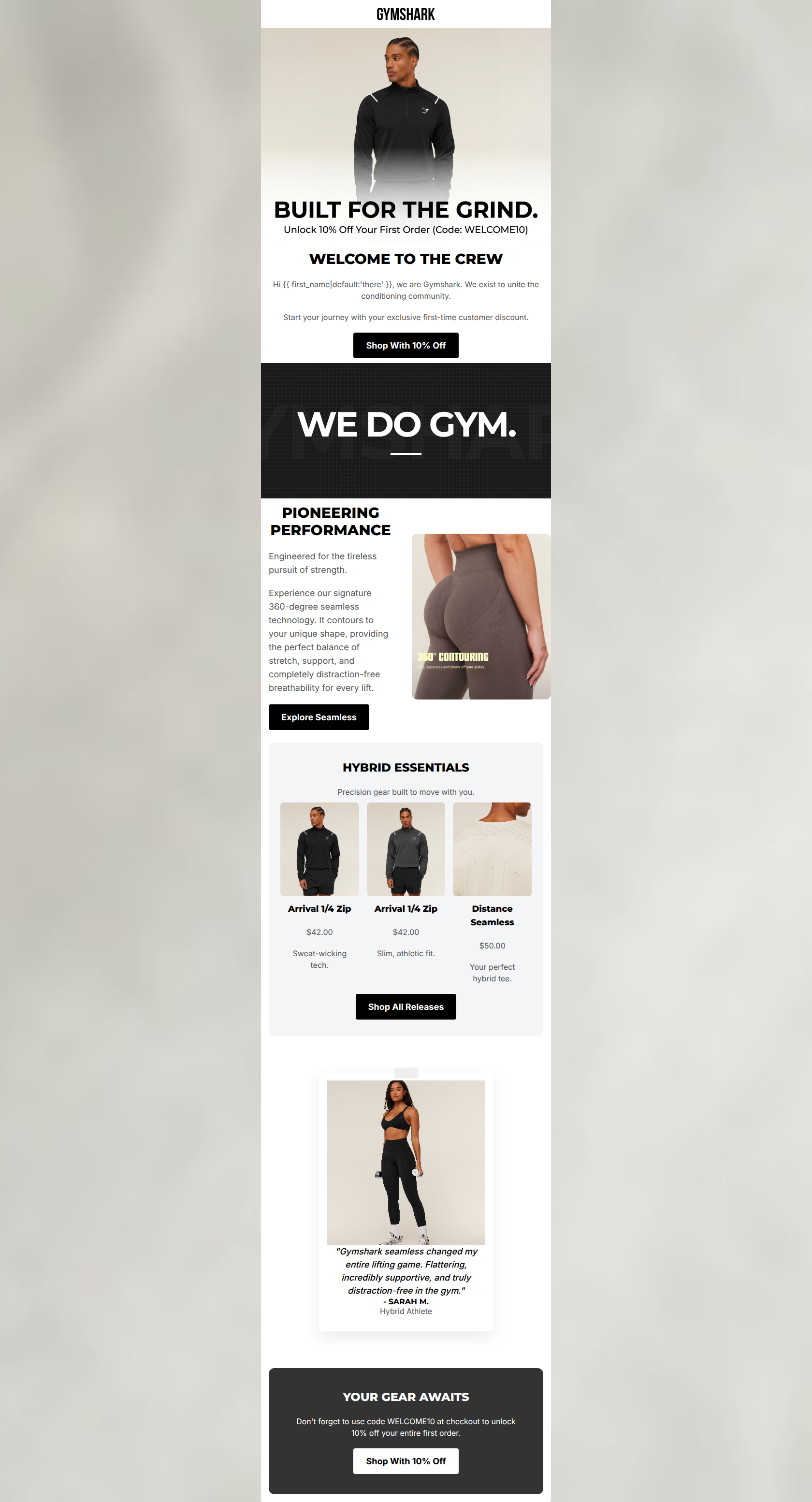 Email design: Welcome to Gymshark. Your 10% off is inside.