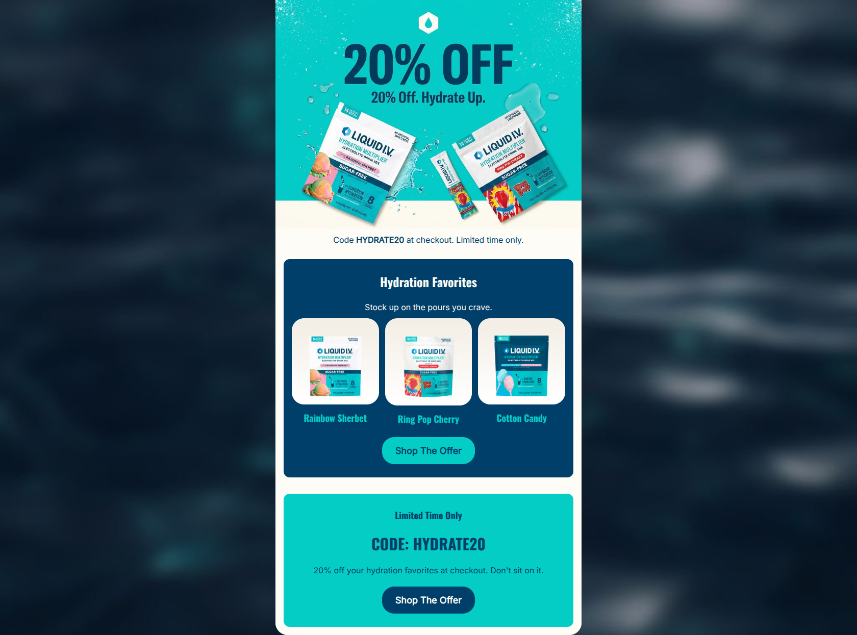 Email design: 20% off hydration favorites with HYDRATE20