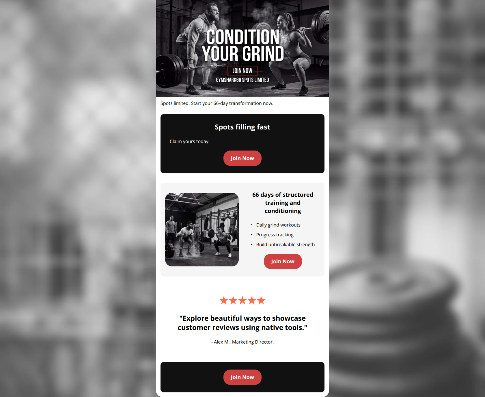 Email design: Gymshark66: Spots Filling Fast