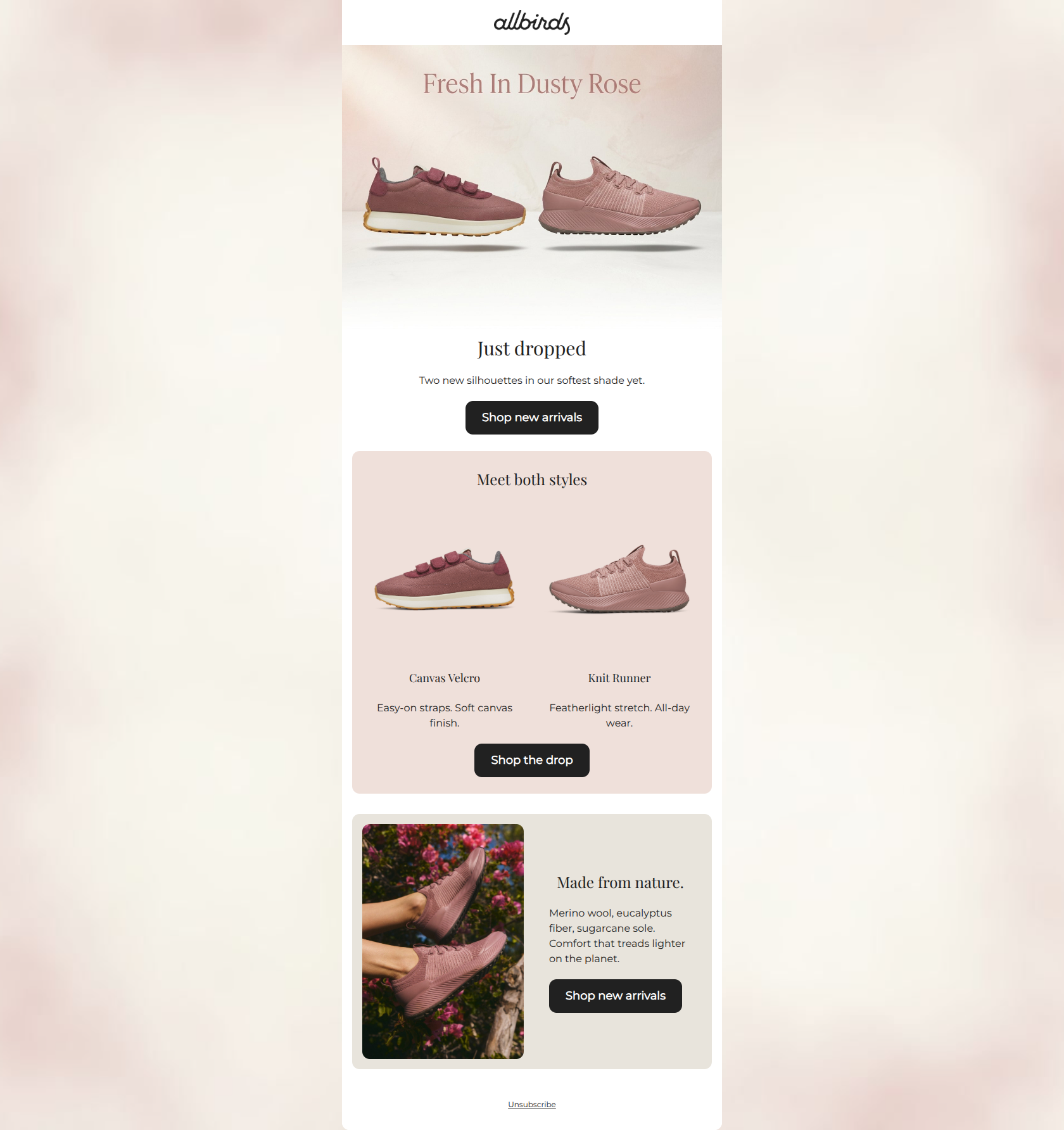 Email design: Just dropped: dusty rose.