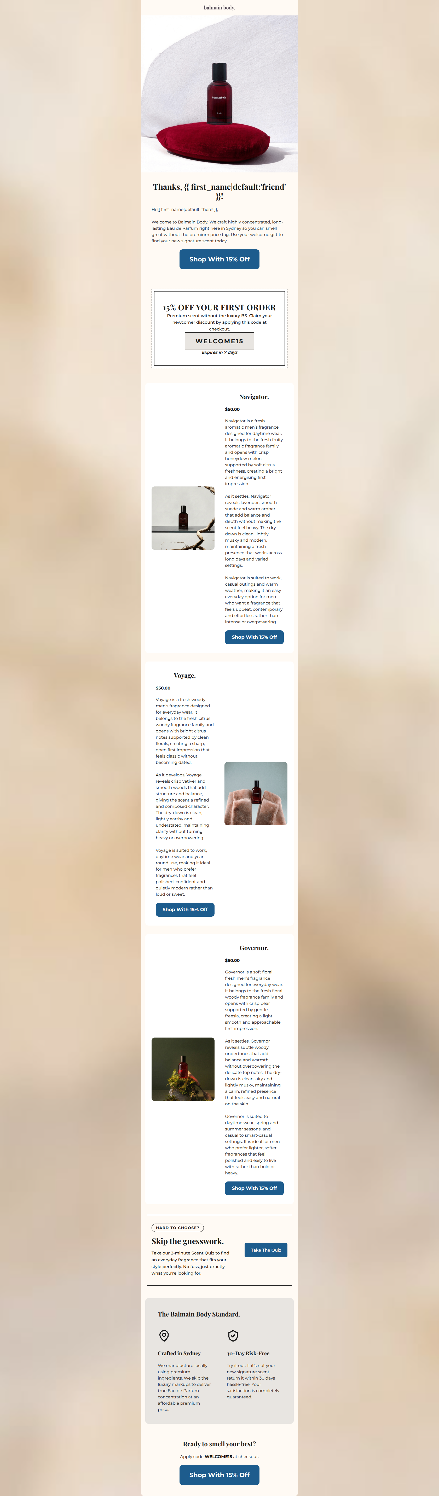 Email design: Welcome to the team. Here is 15% off.