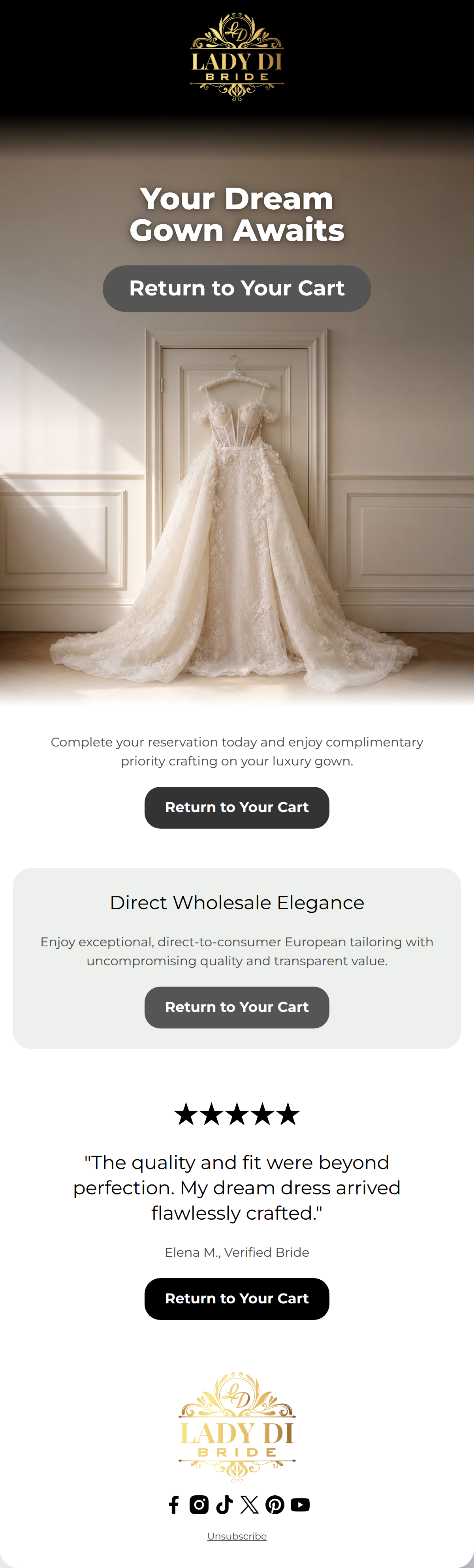 A luxury bridal hero image featuring an elegant gown with a call to action to return to the cart.